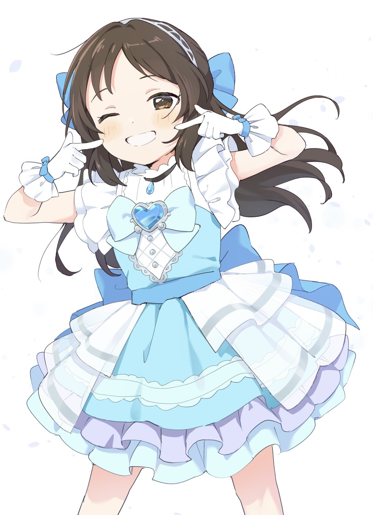 1girl back_bow blue_bow blue_dress blush bow brooch brown_eyes brown_hair chipochopo324 commentary cowboy_shot dot_nose dress dress_bow finger_to_cheek frilled_gloves frilled_sleeves frills gloves grin hair_bow hairband heart heart_brooch highres huge_bow idol idolmaster idolmaster_cinderella_girls idolmaster_cinderella_girls_u149 jewelry layered_dress legs_apart long_hair medium_dress multicolored_clothes multicolored_dress one_eye_closed petals pointing pointing_at_self see-through short_sleeves sidelocks simple_background smile solo standing straight_hair symbol-only_commentary tachibana_arisu white_background white_dress white_gloves white_hairband wide_sleeves wrist_straps