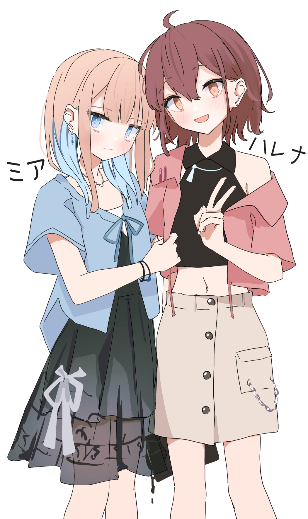 2girls ahoge black_shirt black_skirt blue_eyes blue_hair blue_jacket blush bracelet brown_eyes brown_hair character_name closed_mouth colored_inner_hair commentary couple crop_top earrings hair_between_eyes highres jacket jewelry light_brown_hair long_hair looking_at_viewer midriff multicolored_hair multiple_girls navel open_clothes open_jacket open_mouth original pink_jacket see-through see-through_skirt shirt short_hair short_sleeves simple_background single_off_shoulder skirt sleeveless sleeveless_shirt stud_earrings translated utsuramira v white_background white_skirt yuri