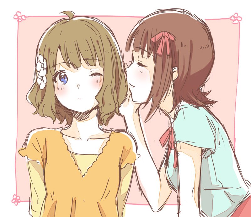 2girls ahoge amami_haruka blonde_hair blue_eyes blue_shirt blue_sleeves blush_stickers border bow bowtie brown_hair closed_eyes collarbone commentary_request eyelashes flower from_side hair_bow hair_flower hair_ornament hand_on_another's_ear idolmaster idolmaster_million_live! layered_sleeves light_blush long_sleeves looking_at_another medium_hair multiple_girls one_eye_closed orange_shirt orange_sleeves parted_lips pink_background pink_bow pink_bowtie pink_skirt shirt short_over_long_sleeves short_sleeves sketch skirt smile suou_momoko t-shirt upper_body white_border white_flower witoi_(roa) yellow_shirt yellow_sleeves
