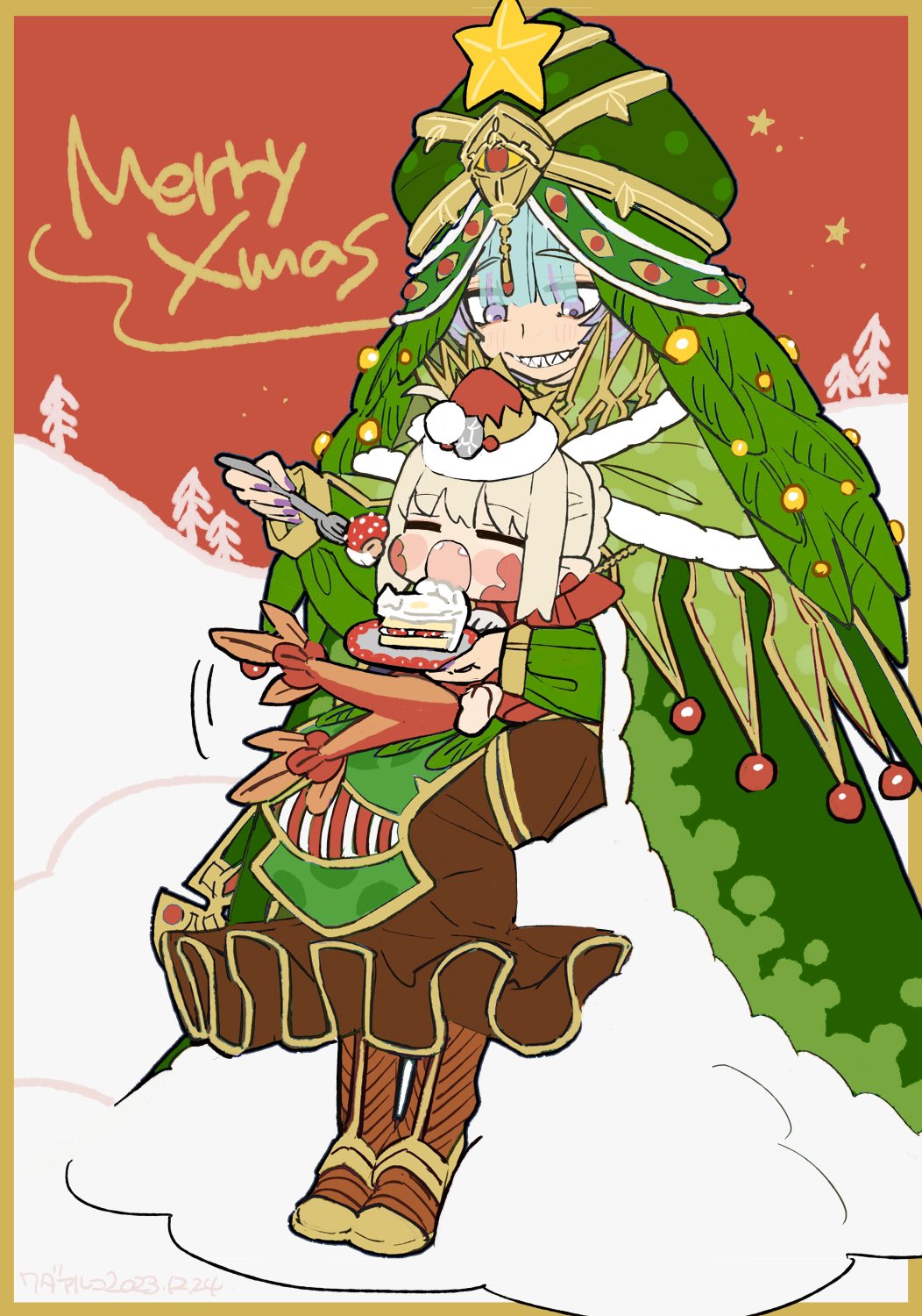 2girls ahoge blonde_hair cake chibi christmas_tree_costume closed_eyes dragon_tail fangs fate/grand_order fate_(series) feeding food fork green_hair hat highres hood locusta_(fate) merry_christmas multiple_girls nero_claudius_(fate) pointy_ears purple_nails queen_draco_(fate) santa_hat sharp_teeth sitting sitting_on_lap sitting_on_person smile tail tail_wagging teeth violet_eyes wada_arco