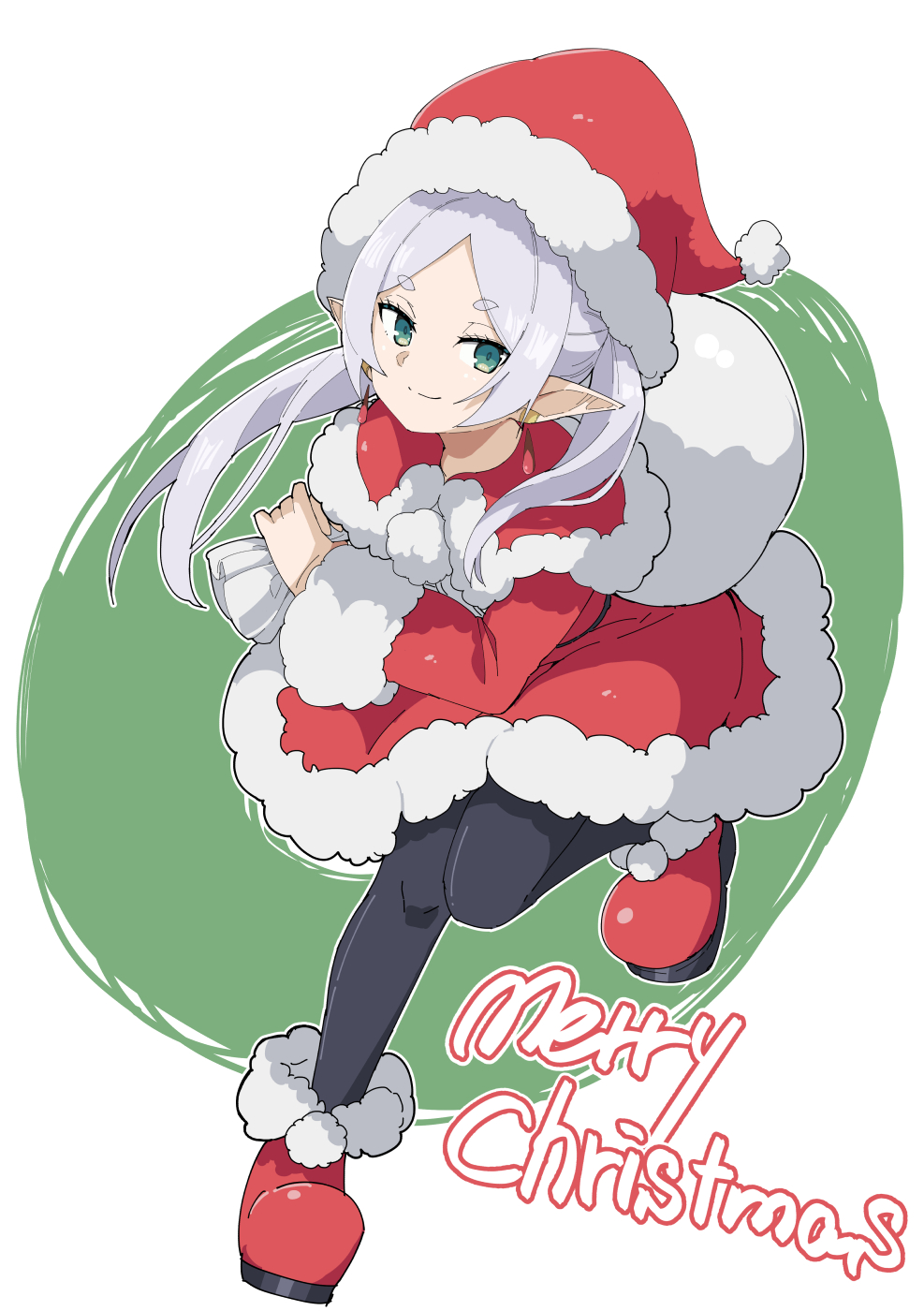 1girl black_pantyhose boots closed_mouth commentary dress elf floating_hair frieren full_body fur-trimmed_boots fur-trimmed_dress fur-trimmed_headwear fur_trim green_background green_eyes grey_hair hat highres holding holding_sack long_hair making-of_available merry_christmas noa_(nagareboshi) pantyhose parted_bangs pointy_ears red_dress red_footwear sack santa_costume santa_hat short_eyebrows smile solo sousou_no_frieren thick_eyebrows twintails two-tone_background white_background