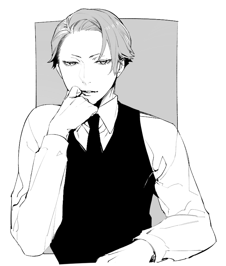 1boy collared_shirt expressionless half-closed_eyes hand_to_own_mouth joker_game long_sleeves looking_at_viewer male_focus miyoshi_(joker_game) monochrome necktie outside_border parted_lips shi646 shirt short_hair solo swept_bangs upper_body vest waistcoat