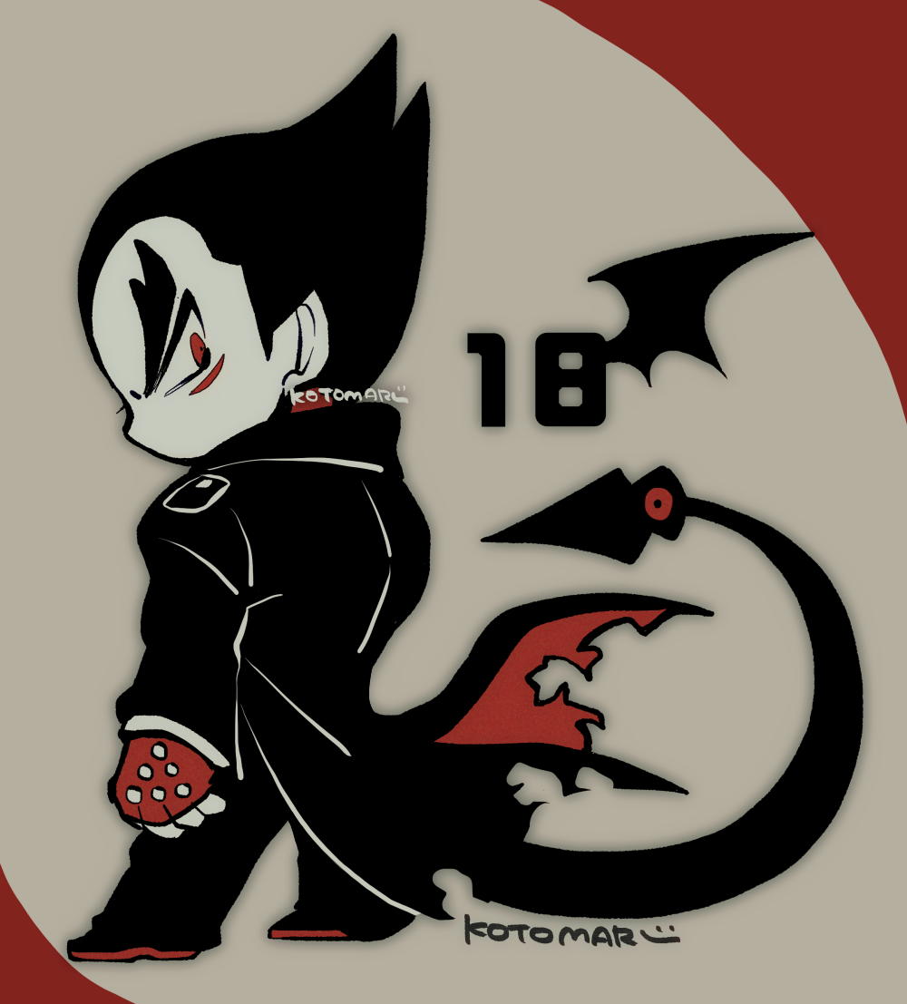 1boy demon_tail fingerless_gloves from_behind full_body gloves kotorai limited_palette long_sleeves looking_back male_focus mishima_kazuya pants red_eyes red_gloves scar scar_on_face signature solo studded_gloves tail tekken thick_eyebrows torn_clothes torn_coat v-shaped_eyebrows