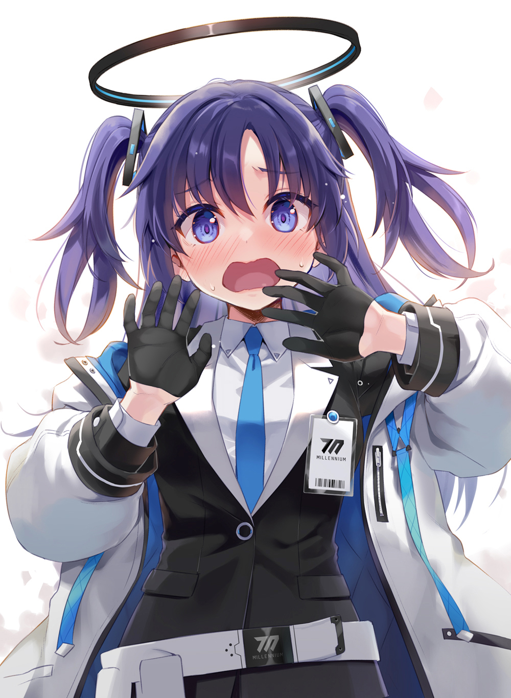1girl black_gloves blue_archive blue_necktie blush breasts collared_shirt commentary eretto gloves halo highres id_card jacket long_hair long_sleeves looking_at_viewer mechanical_halo medium_breasts necktie open_mouth purple_hair shirt solo suit two_side_up upper_body violet_eyes white_jacket white_shirt yuuka_(blue_archive)