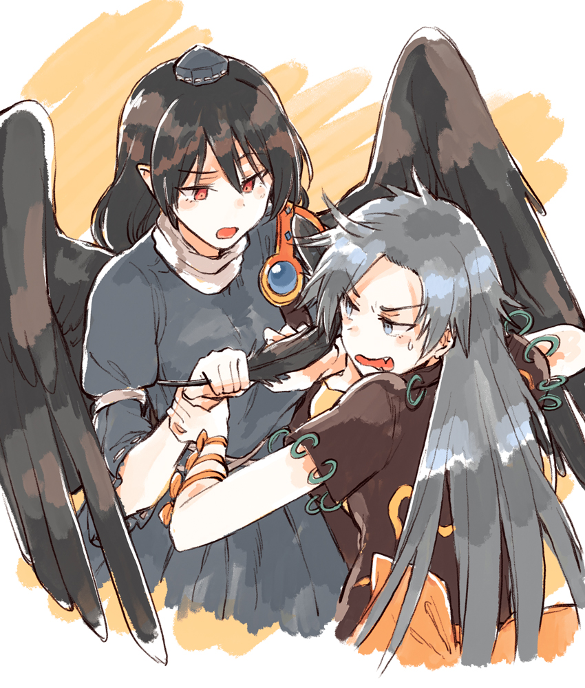 2girls annoyed back_bow black_hair black_wings blue_dress bow brown_shirt commentary_request cropped_torso dress fang feathered_wings feathers fighting grey_hair hair_between_eyes hat himemushi_momoyo hisona_(suaritesumi) holding holding_another's_arm holding_feather iizunamaru_megumu jewelry long_hair looking_at_another messy_hair multiple_girls open_mouth orange_background orange_bow orange_eyes ring shirt short_sleeves shoulder_guard sleeve_garter sweatdrop tokin_hat touhou turtleneck upper_body wavy_mouth white_background wings wrist_bow