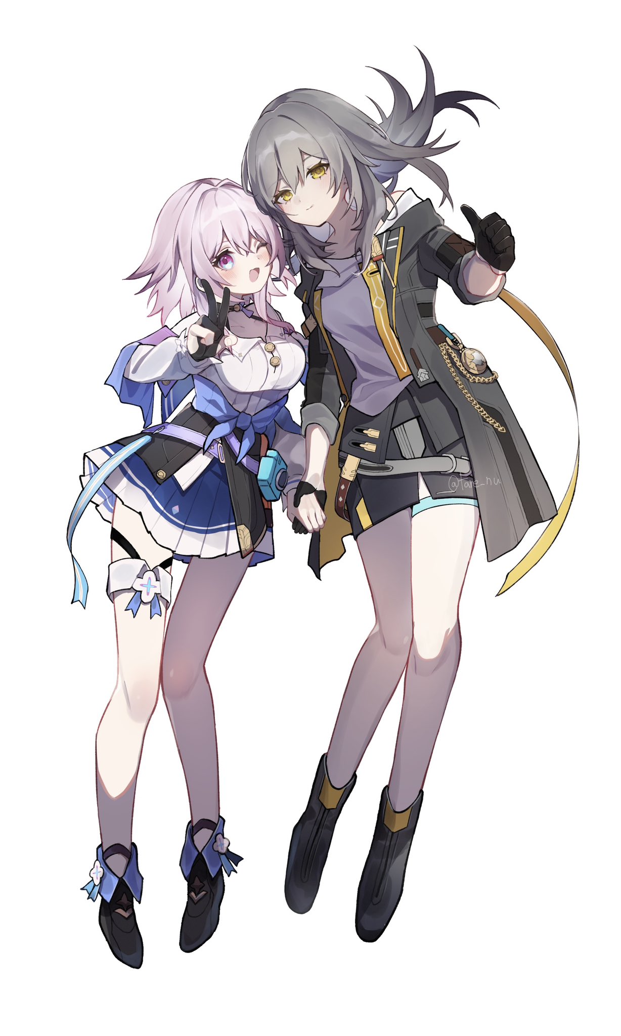 2girls acorn ankle_boots archery_shooting_glove black_choker black_coat black_corset black_footwear black_gloves black_skirt blue_eyes blue_jacket blue_skirt boots breasts buttons camera choker closed_mouth coat commentary_request corset dress_shirt earrings flower_ornament gloves grey_hair hair_between_eyes highres holding_hands honkai:_star_rail honkai_(series) jacket jewelry long_sleeves looking_at_viewer march_7th_(honkai:_star_rail) medium_breasts medium_hair miniskirt multiple_girls one_eye_closed open_mouth partially_fingerless_gloves pink_eyes pink_hair pleated_skirt shirt simple_background single_earring skirt sleeves_rolled_up smile stelle_(honkai:_star_rail) tare_(tonikaku_magaru) thigh_strap thumbs_up tied_jacket trailblazer_(honkai:_star_rail) twitter_username two-tone_eyes underbust v white_background white_shirt yellow_eyes