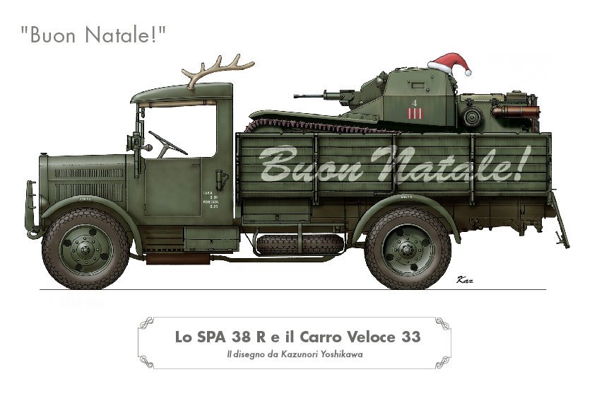 antlers cannon carro_veloce_cv-33 fiat-spa_38r hat italian_text merry_christmas military_vehicle motor_vehicle no_humans real_life red_headwear reindeer_antlers santa_hat simple_background spare_tire steering_wheel tank translated truck vehicle_focus white_background yoshikawa_kazunori