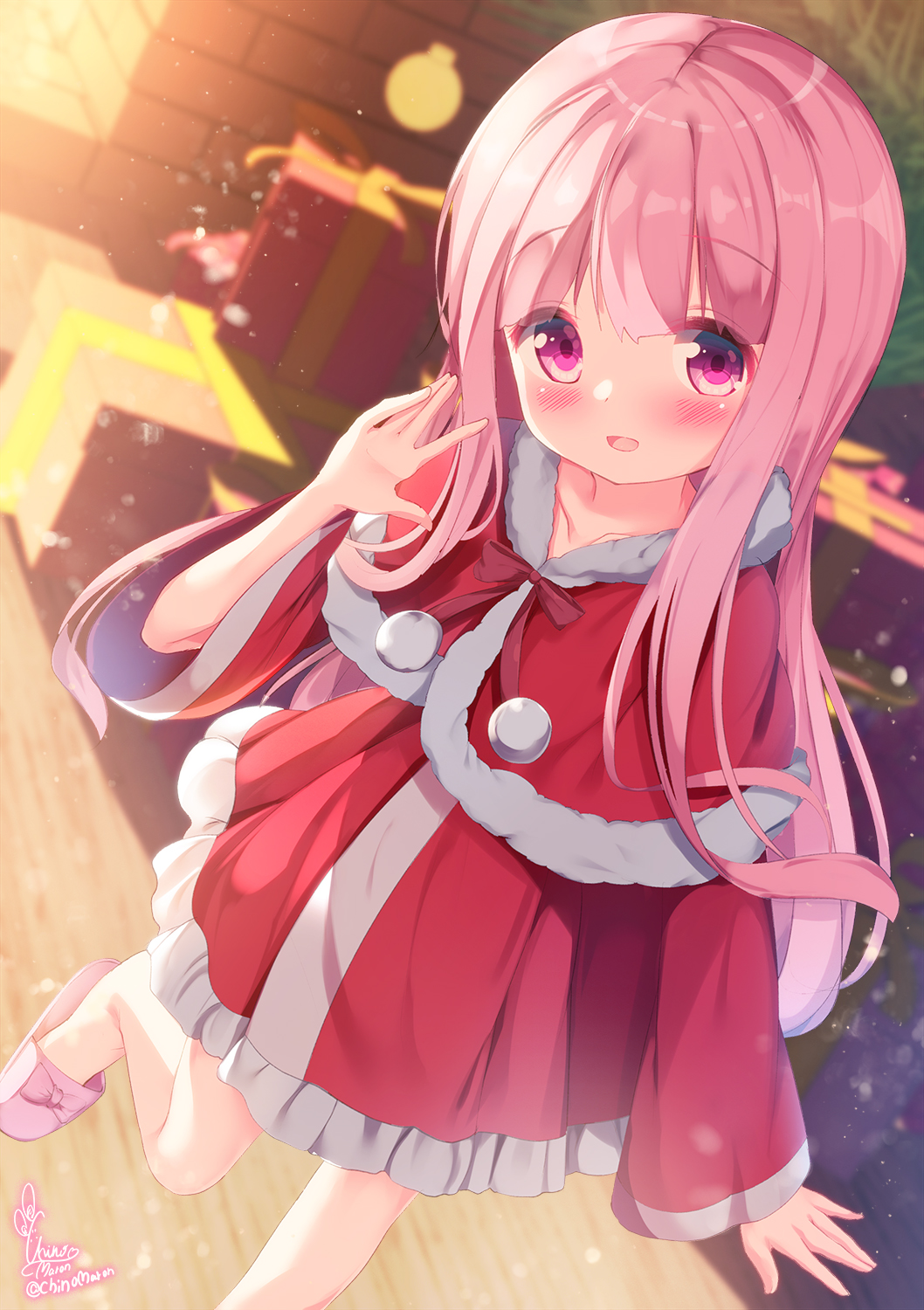 1girl :d blurry blurry_background blush box brick_wall capelet chinomaron collarbone commentary_request depth_of_field dress frilled_dress frills fur-trimmed_capelet fur_trim gift gift_box hair_between_eyes hakamada_hinata hand_up highres indoors long_hair long_sleeves pink_footwear pink_hair red_capelet red_dress rou-kyuu-bu! signature slippers smile solo standing standing_on_one_leg twitter_username very_long_hair violet_eyes wide_sleeves