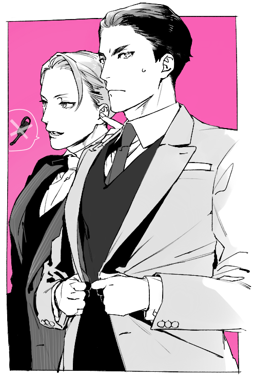 2boys adjusting_clothes buttoned_cuffs closed_mouth collared_shirt commentary_request finger_in_ear gamou_jirou greyscale_with_colored_background hand_on_own_ear hand_up jacket joker_game lapels long_sleeves looking_ahead looking_at_viewer male_focus miyoshi_(joker_game) multiple_boys necktie open_clothes open_jacket open_mouth pink_background shi646 shirt short_hair simple_background spoken_object sweatdrop swept_bangs upper_body vest waistcoat