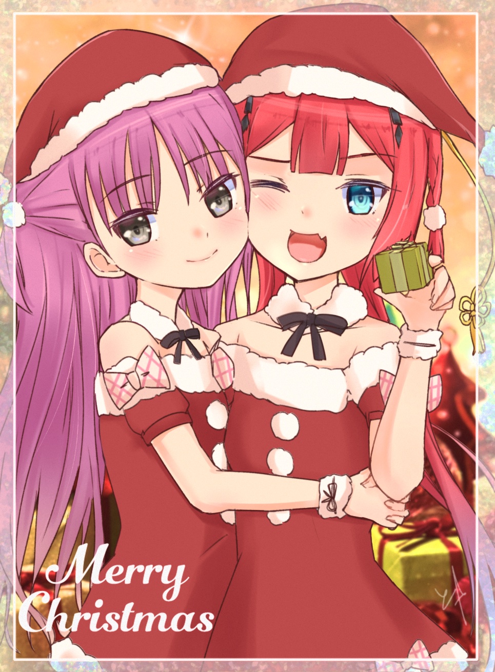 2girls ;d alternate_costume aqua_eyes arms_around_waist bare_shoulders black_ribbon blunt_bangs blurry blurry_background border box braid center-flap_bangs christmas closed_mouth collarbone commentary cowboy_shot detached_collar dress fang flat_chest gift gift_box grey_eyes hair_between_eyes hair_ornament hairclip hand_up hat highres holding holding_gift hood hood_up hug interlocked_fingers kamiyama_shiki katou_umi lips long_hair looking_at_viewer merry_christmas multiple_girls neck_ribbon off-shoulder_dress off_shoulder one_eye_closed one_side_up open_mouth orange_background own_hands_together pom_pom_(clothes) pom_pom_hair_ornament purple_hair redhead ribbon santa_dress santa_hat signature simple_background single_braid skin_fang smile sosha0901 sparkle standing straight_hair summer_pockets very_long_hair