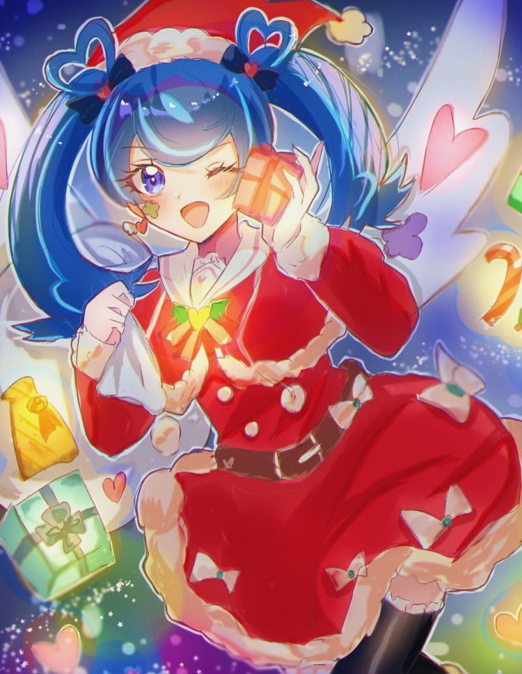 1girl ;d black_thighhighs blue_angel blue_eyes blue_hair box dress gift gift_box hat holding holding_gift holding_sack looking_at_viewer mo_0_06 one_eye_closed red_dress red_headwear sack santa_dress santa_hat smile solo thigh-highs twintails yu-gi-oh! yu-gi-oh!_vrains zaizen_aoi