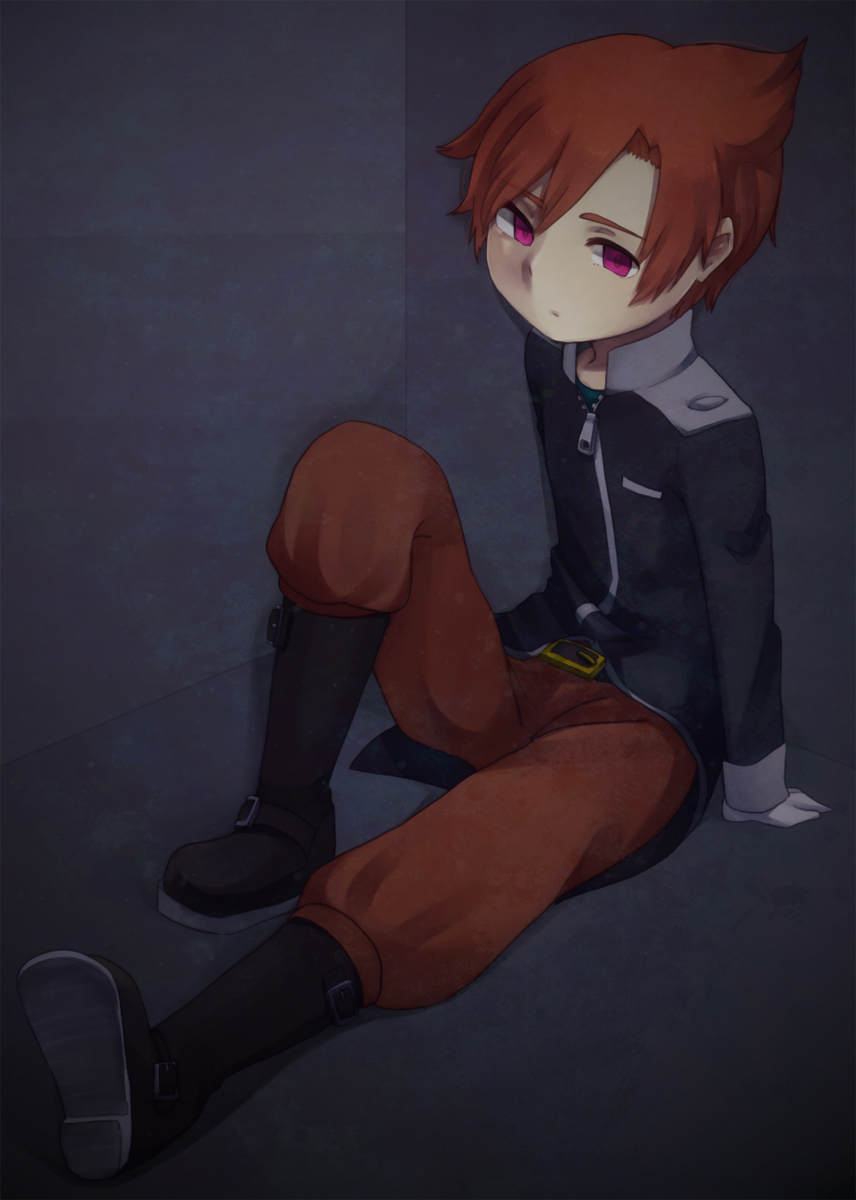 1boy against_wall arm_support belt black_footwear black_jacket claus_(mother_3) closed_mouth gloves grey_background highres jacket knee_up looking_ahead male_focus mother_(game) mother_3 pants pink_eyes red_pants redhead shifumame short_hair sitting solo white_gloves zipper