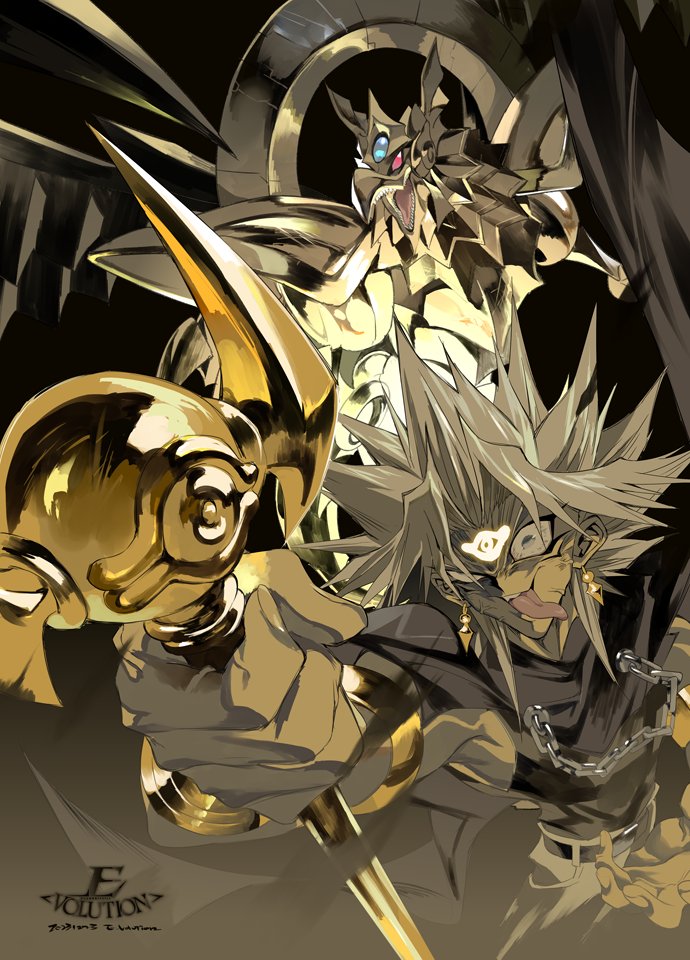 1boy artist_name chain dark-skinned_male dark_skin duel_monster e_volution earrings eye_of_horus facial_mark forehead_mark gold_earrings grey_hair holding holding_rod holding_staff jewelry male_focus millennium_rod solo spiky_hair staff the_winged_dragon_of_ra tongue tongue_out vambraces yami_marik yu-gi-oh! yu-gi-oh!_duel_monsters