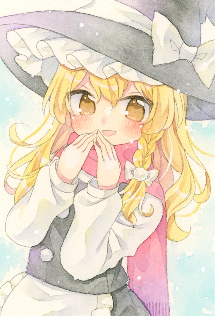 1girl :d apron black_headwear black_skirt black_vest blonde_hair blush bow braid brown_eyes commentary_request frilled_apron frills fringe_trim hair_bow hands_up hat hat_bow kagome_f kirisame_marisa long_hair long_sleeves looking_at_viewer painting_(medium) pink_scarf puffy_long_sleeves puffy_sleeves scarf shirt single_braid skirt smile solo touhou traditional_media vest waist_apron watercolor_(medium) white_apron white_bow white_shirt witch_hat
