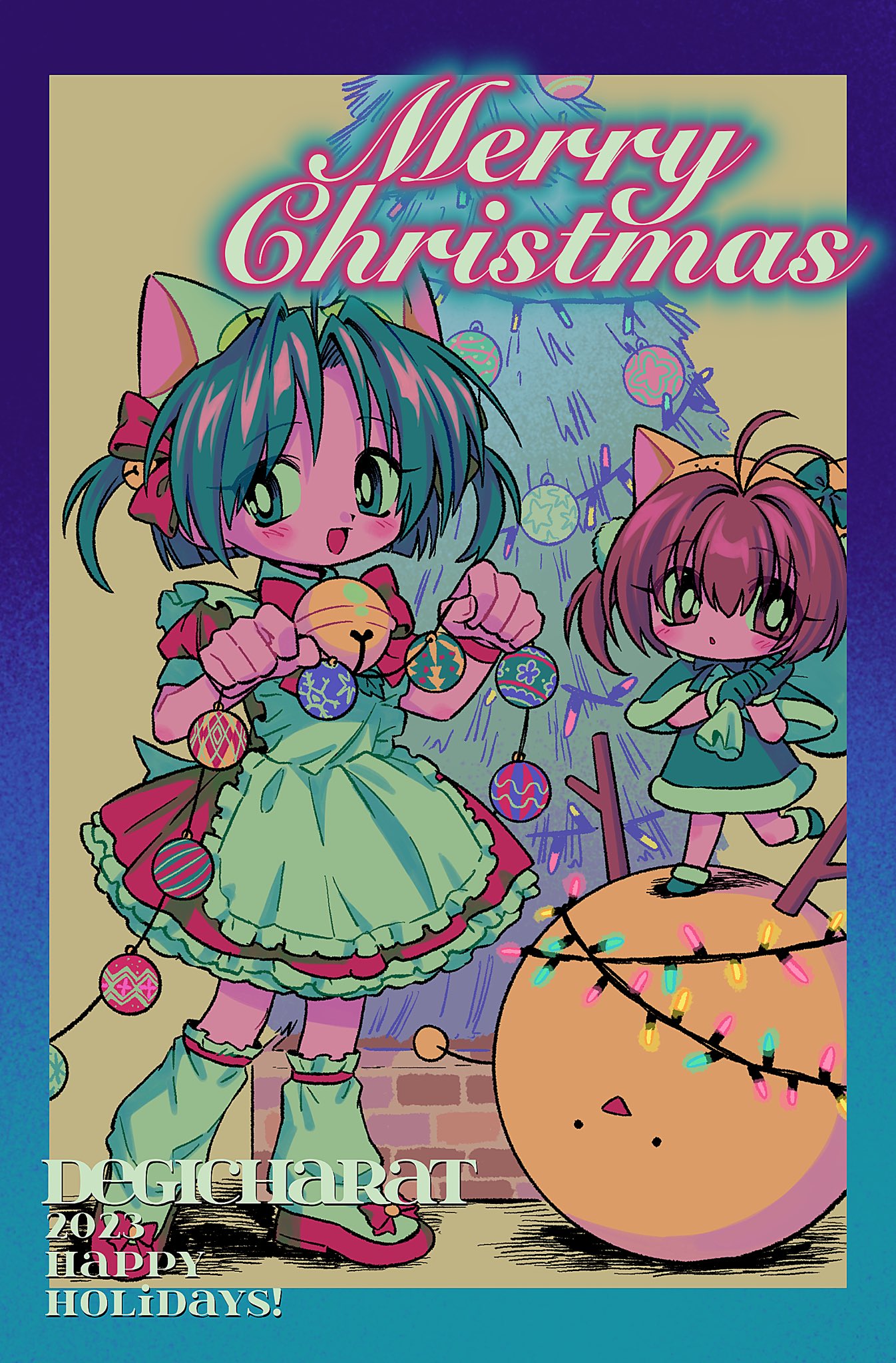 2023 2girls :d :o ahoge animal_ears animal_hat antlers apron bell blue_border blush border bow bright_pupils brown_eyes brown_hair capelet cat_ears cat_hat christmas_lights christmas_ornaments christmas_tree collared_dress colored_skin copyright_name dejiko di_gi_charat dress eyes_visible_through_hair film_grain frilled_apron frills full_body fur-trimmed_capelet fur-trimmed_dress fur-trimmed_footwear fur_trim gema gradient_border green_capelet green_dress green_eyes green_footwear green_hair hair_bell hair_bow hair_ornament hat headband highres holding holding_sack leg_up looking_at_viewer menma_(enaic31) merry_christmas multiple_girls neck_bell open_mouth paw_pose pink_skin pom_pom_(clothes) puchiko puffy_short_sleeves puffy_sleeves purple_border red_bow red_dress red_footwear sack santa_costume santa_dress shoes short_hair short_sleeves simple_background smile socks standing white_apron white_headwear white_pupils white_socks wing_collar yellow_background yellow_headband