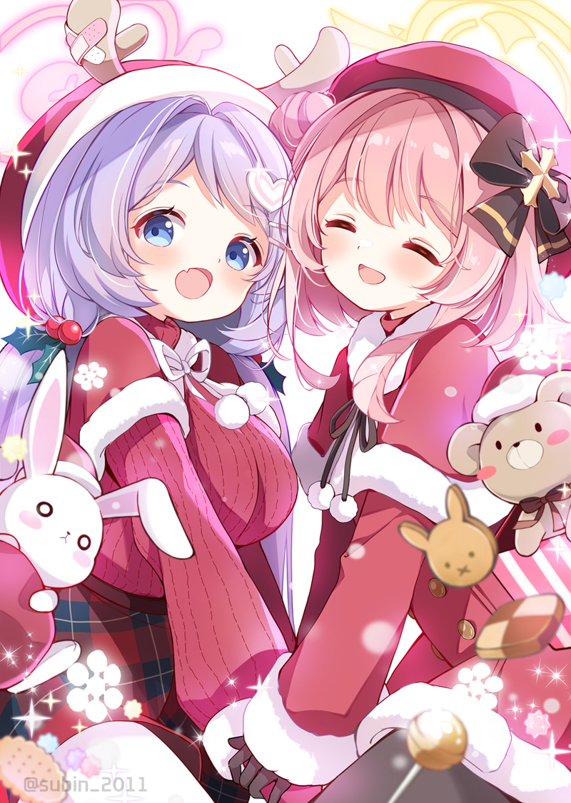2girls beret black_gloves blue_archive blue_eyes blush breasts capelet checkerboard_cookie cookie fang food gloves halo hanae_(blue_archive) hanae_(christmas)_(blue_archive) hat large_breasts long_hair long_sleeves looking_at_viewer multiple_girls official_alternate_costume open_mouth pink_eyes pink_hair pink_halo pom_pom_(clothes) purple_hair red_capelet red_headwear red_sweater ribbed_sweater santa_costume santa_hat serina_(blue_archive) serina_(christmas)_(blue_archive) skin_fang small_breasts smile subin_(subin_2011) sweater twitter_username yellow_halo