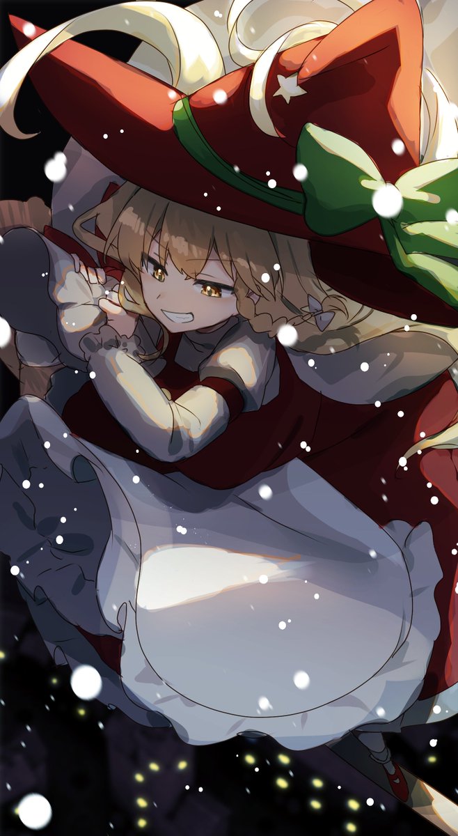 1girl alternate_color apron bag blonde_hair bow braid broom broom_riding christmas commentary floating_clothes floating_hair foreshortening frilled_apron frills from_above gift_bag green_bow grin hair_between_eyes hair_bow hands_up hat hat_bow hat_ornament highres holding holding_bag kirisame_marisa long_hair long_sleeves looking_afar outdoors puffy_short_sleeves puffy_sleeves red_headwear red_skirt red_vest shirt short_sleeves single_braid skirt smile snowing solo standing star_(symbol) star_hat_ornament suikario touhou v-shaped_eyebrows vest waist_apron white_apron white_bow white_shirt witch_hat yellow_eyes