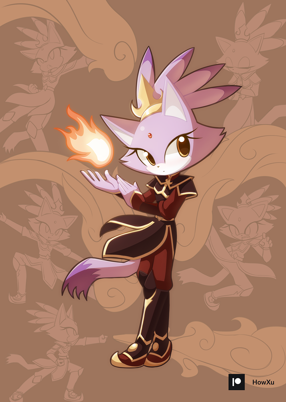 1girl animal_ears avatar:_the_last_airbender avatar_legends blaze_the_cat cat_ears cat_girl cat_tail chinese_clothes eyelashes fire forehead_jewel furry furry_female gold_trim headpiece highres howxu multiple_views ponytail purple_fur pyrokinesis sonic_(series) tail yellow_eyes
