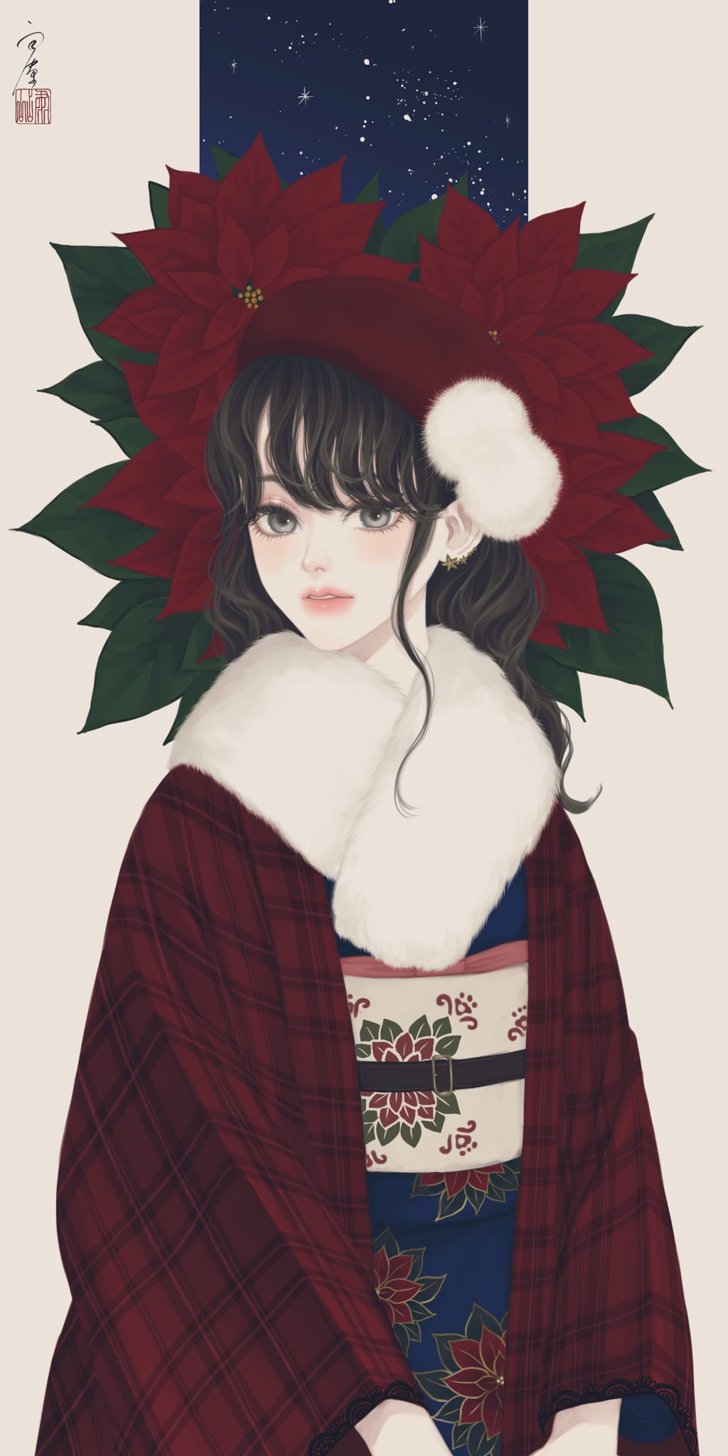 1girl belt belt_buckle beret blue_kimono brown_hair buckle commentary_request earrings floral_print flower fur_collar haori hat highres japanese_clothes jewelry kimono long_hair long_sleeves looking_at_viewer obi original parted_lips plaid_haori poinsettia pom_pom_(clothes) print_kimono red_flower red_haori red_headwear sash seal_impression signature solo standing star_(symbol) star_earrings upper_body ushiyama_ame wavy_hair