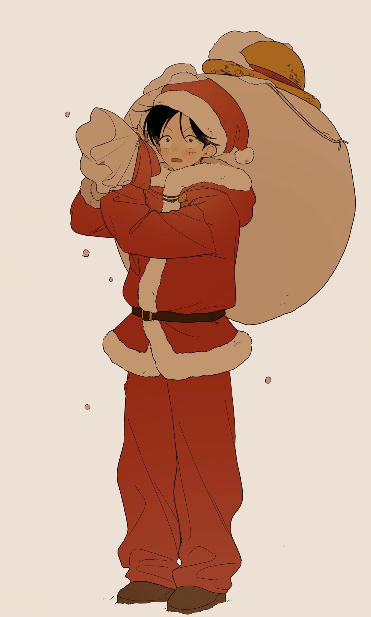1boy belt belt_buckle black_hair blush brown_footwear buckle christmas commentary full_body fur-trimmed_headwear fur-trimmed_jacket fur_trim hat highres holding holding_sack hood hood_down hooded_jacket jacket looking_at_viewer male_focus monkey_d._luffy numata_(oioioioiai) one_piece open_mouth pom_pom_(clothes) sack santa_costume santa_hat scar scar_on_cheek scar_on_face short_hair simple_background snow solo standing straw_hat symbol-only_commentary