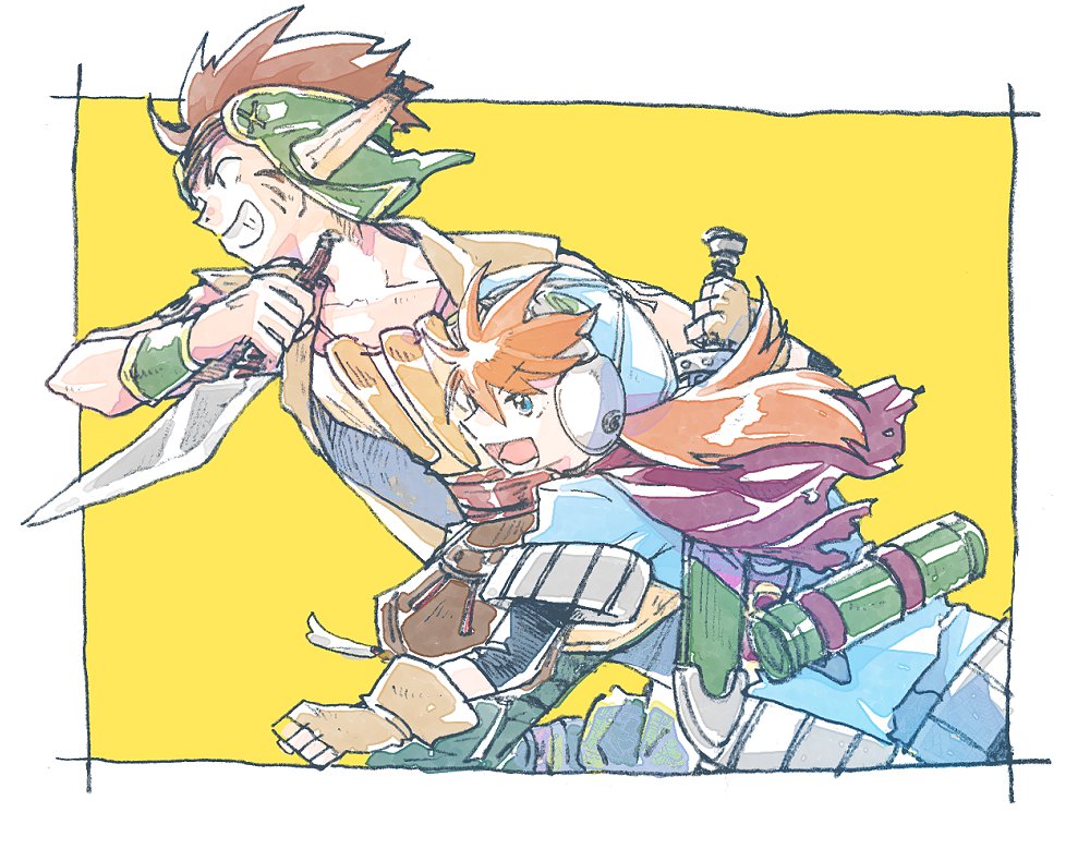 2boys blue_eyes brown_hair gloves goggles grandia grandia_i hat justin_(grandia) male_focus messy_hair michibata_65 multiple_boys open_mouth pointy_ears protected_link rapp_(grandia) redhead smile sword sword_on_back weapon weapon_on_back