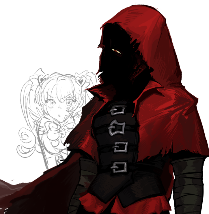 2girls bandaged_arm bandages belt black_shirt cape hood hooded_cape little_red_riding_hooded_mercenary lobotomy_corporation looking_to_the_side maipll_two multiple_girls project_moon queen_of_hatred red_cape red_eyes shaded_face shirt simple_background two_side_up upper_body white_background