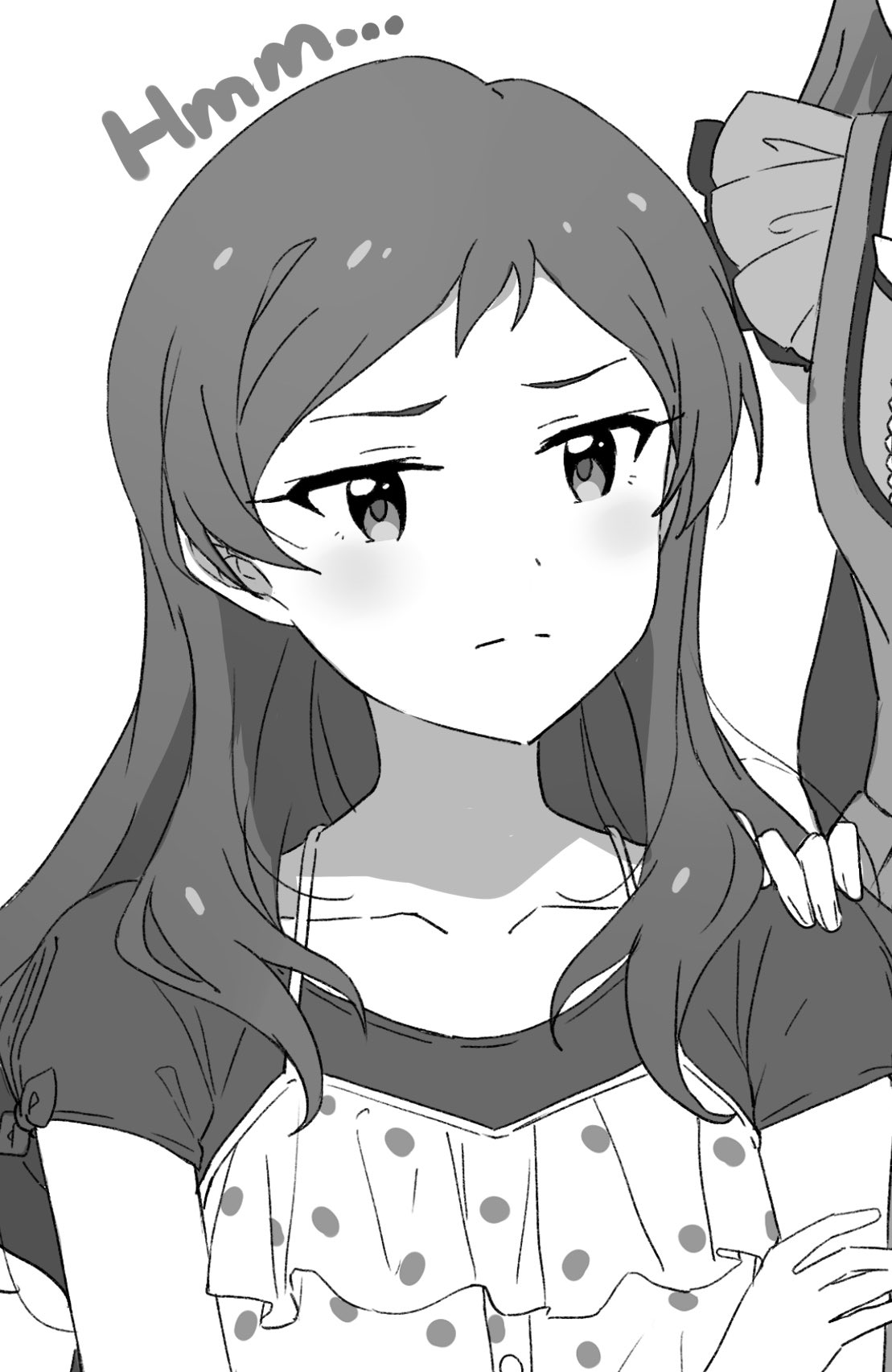 ... 2girls ayano_yuu_(sonma_1426) blush camisole closed_mouth collarbone crossed_arms dot_nose forehead frilled_camisole frills frown furrowed_brow greyscale hand_on_another's_shoulder highres idolmaster idolmaster_million_live! kitazawa_shiho long_hair looking_to_the_side monochrome multiple_girls out_of_frame parted_bangs shirt short_sleeves sidelocks simple_background solo_focus upper_body