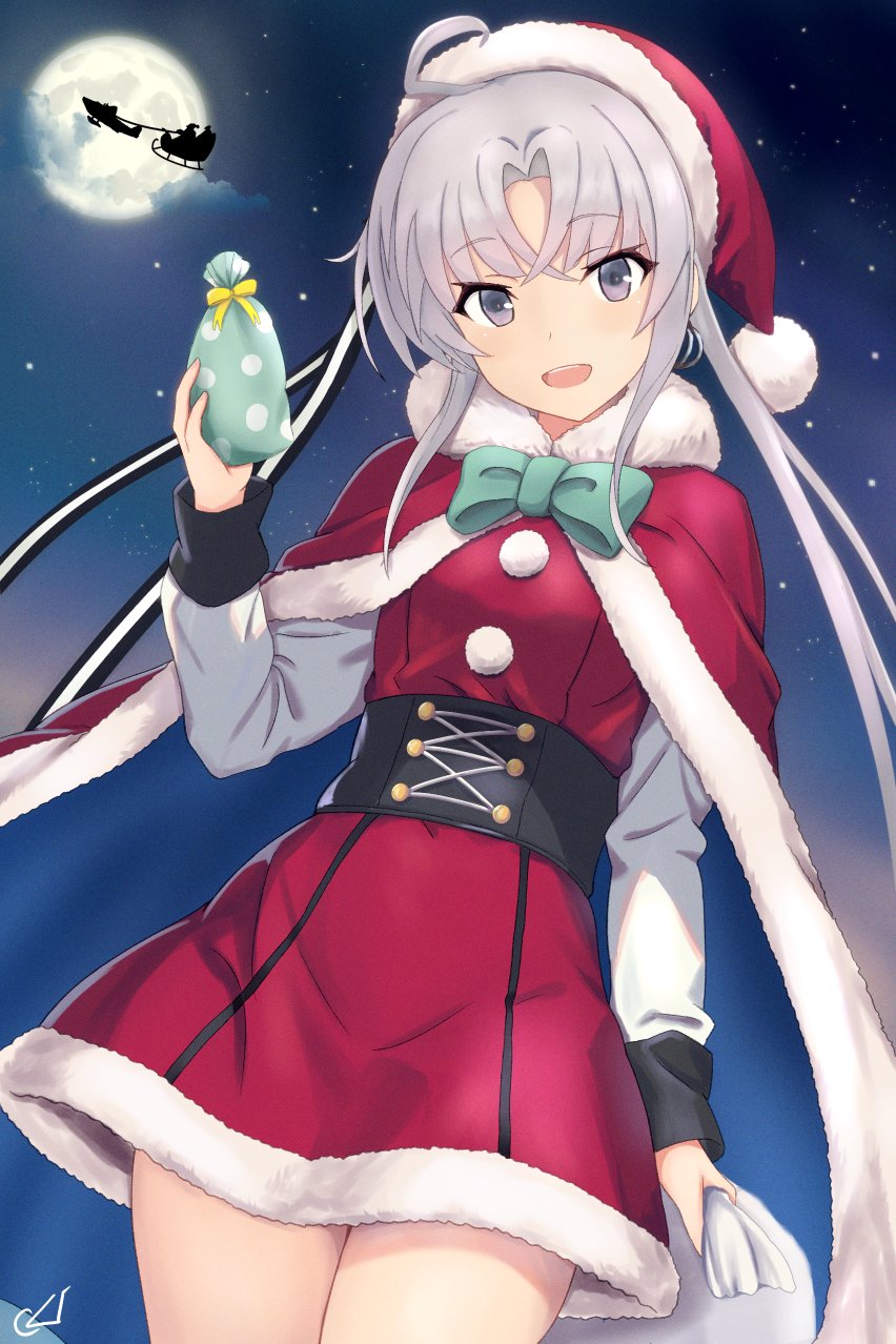 1girl akitsushima_(kancolle) blush bow cowboy_shot dress full_moon gift green_bow grey_hair hat highres holding holding_gift kantai_collection kotou_yogen long_hair long_sleeves looking_at_viewer moon night open_mouth pom_pom_(clothes) red_dress red_headwear santa_costume santa_hat side_ponytail smile solo violet_eyes