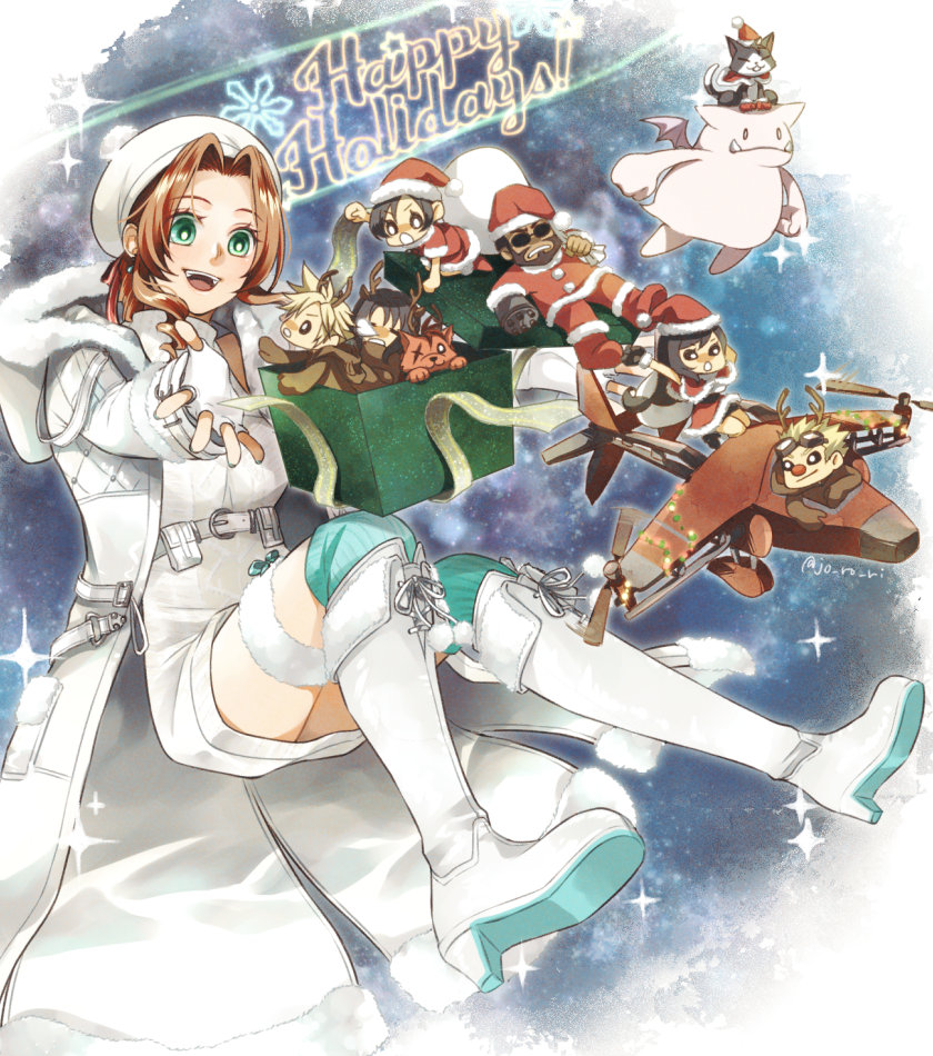 aerith_gainsborough aerith_gainsborough_(fairy_of_snowfall) aircraft airplane animal_costume barret_wallace boots box cait_sith_(ff7) chibi christmas cid_highwind cloud_strife coat final_fantasy final_fantasy_vii final_fantasy_vii_ever_crisis flying gift gift_box happy_holidays hat high_heel_boots high_heels jo_ro_ri moogle official_alternate_costume open_mouth red_xiii reindeer_costume santa_costume santa_hat scar scar_across_eye thigh-highs thighhighs_under_boots tifa_lockhart tifa_lockhart_(fairy_of_the_holy_flame) vincent_valentine winter_clothes winter_coat yuffie_kisaragi