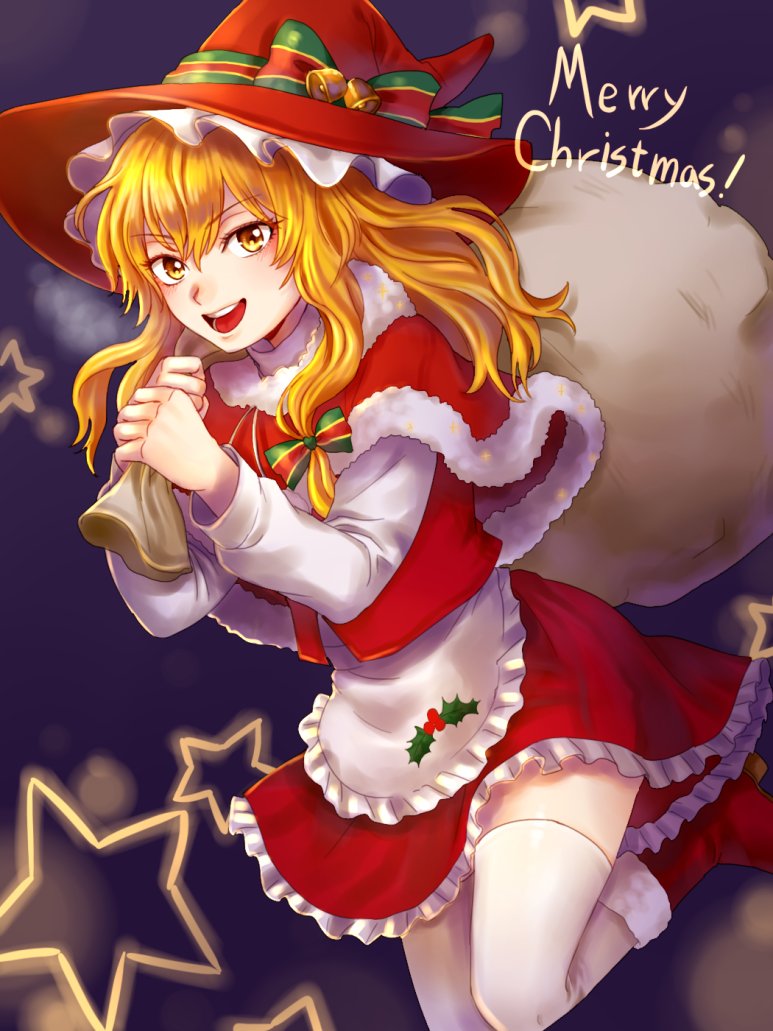 1girl adapted_costume apron capelet dress english_text fur-trimmed_capelet fur_trim holding holding_sack kirisame_marisa kuya_(hey36253625) looking_at_viewer merry_christmas red_capelet red_dress red_headwear sack santa_costume smile solo star_(symbol) thigh-highs thighs touhou white_apron white_thighhighs
