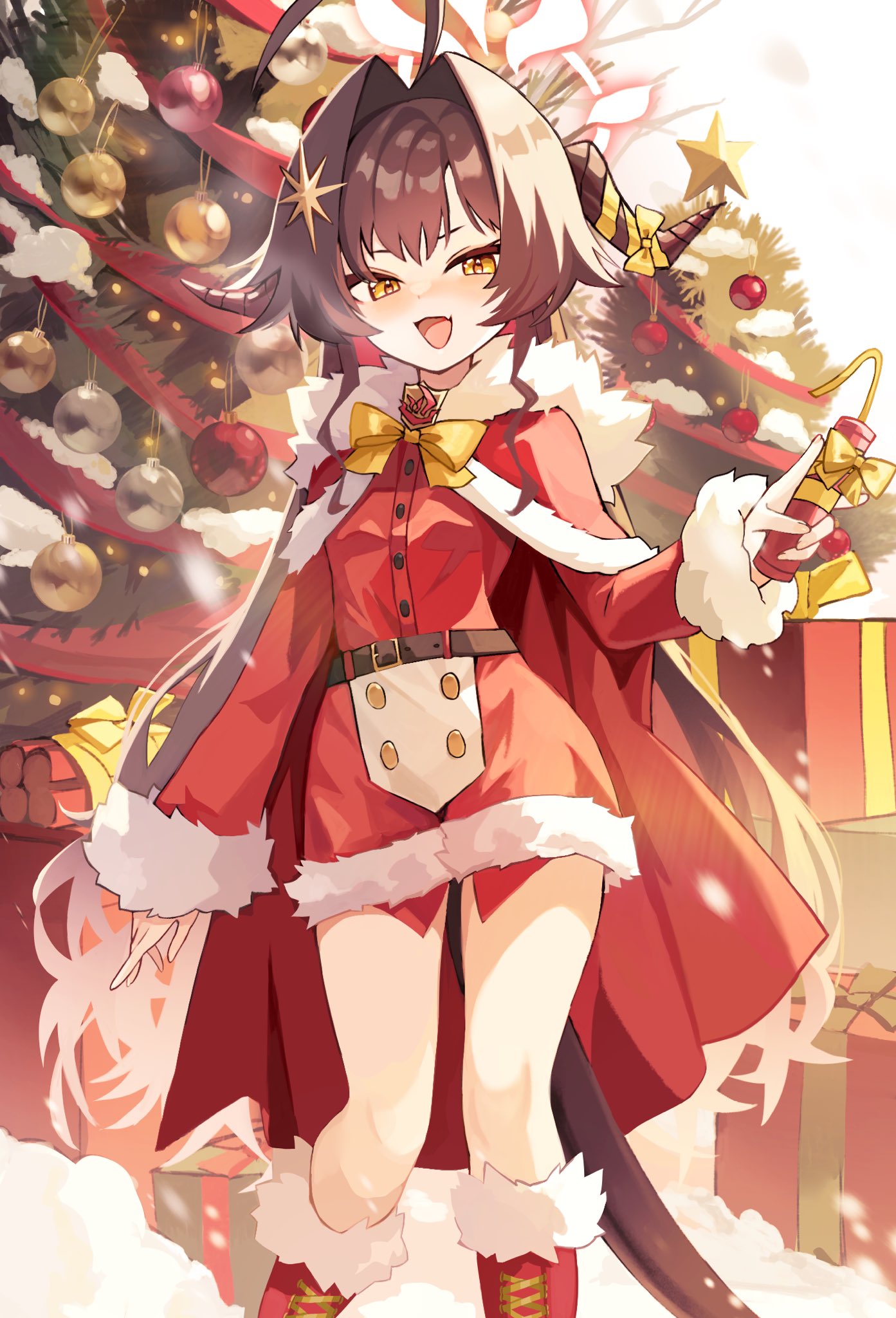 1girl ahoge alternate_costume blue_archive boots brown_hair cape christmas christmas_present christmas_tree colored_inner_hair commentary_request demon_horns demon_tail dynamite explosive fang fur-trimmed_boots fur-trimmed_cape fur-trimmed_shorts fur_trim gift hair_ornament highres horns huge_ahoge kasumi_(blue_archive) legs_apart long_hair looking_at_viewer multicolored_hair narrowed_eyes neck_ribbon open_mouth red_cape red_footwear red_shirt red_shorts redhead ribbon ro/ku shirt shorts skin_fang smile solo star_(symbol) star_hair_ornament tail thigh_gap thighs two-tone_hair very_long_hair yellow_eyes yellow_ribbon