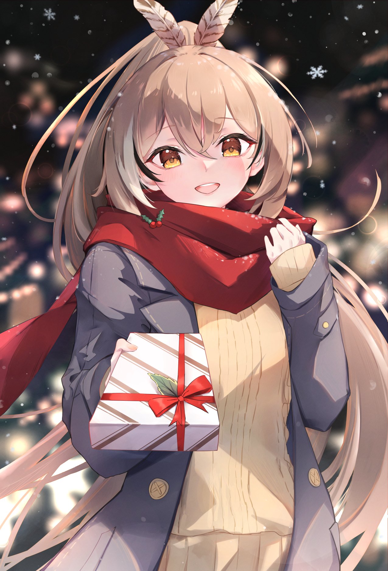 1girl ahoge arm_up berry blue_coat blurry blush bokeh brown_eyes brown_hair buttons christmas coat crossed_bangs depth_of_field double-breasted double-parted_bangs elphe feather_hair_ornament feathers gift hair_between_eyes hair_ornament highres holding holding_gift hololive hololive_english incoming_gift jacket long_hair looking_at_viewer multicolored_hair nanashi_mumei night official_alternate_costume open_clothes open_jacket peacoat ponytail pov red_ribbon red_scarf ribbon scarf sleeves_past_wrists smile snowing streaked_hair sweater teeth upper_body upper_teeth_only very_long_hair virtual_youtuber yellow_sweater