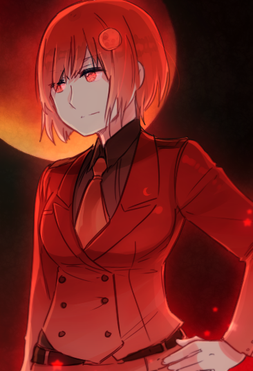 1girl belt blazer cioccolatodorima crescent_moon eclipse expressionless full_moon_hair_ornament hair_ornament hairpin hand_on_own_hip humanization jacket long_sleeves looking_to_the_side luna_(planetary_moe) lunar_eclipse moon necktie official_art personification planetary_moe red_eyes red_moon redhead short_hair solo