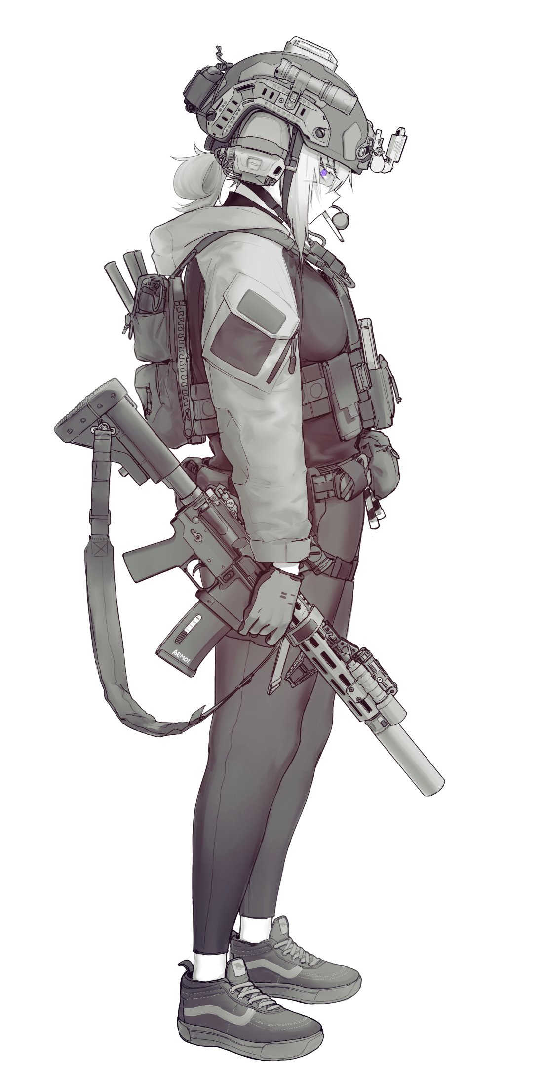 1girl alma01 ammunition_pouch ar-15 bag belt bolt_cutters flashlight gloves greyscale gun gun_sling headset highres hood hoodie looking_down monochrome original pouch rifle shoes short_hair smoke_grenade sneakers solo spot_color suppressor weapon white_background