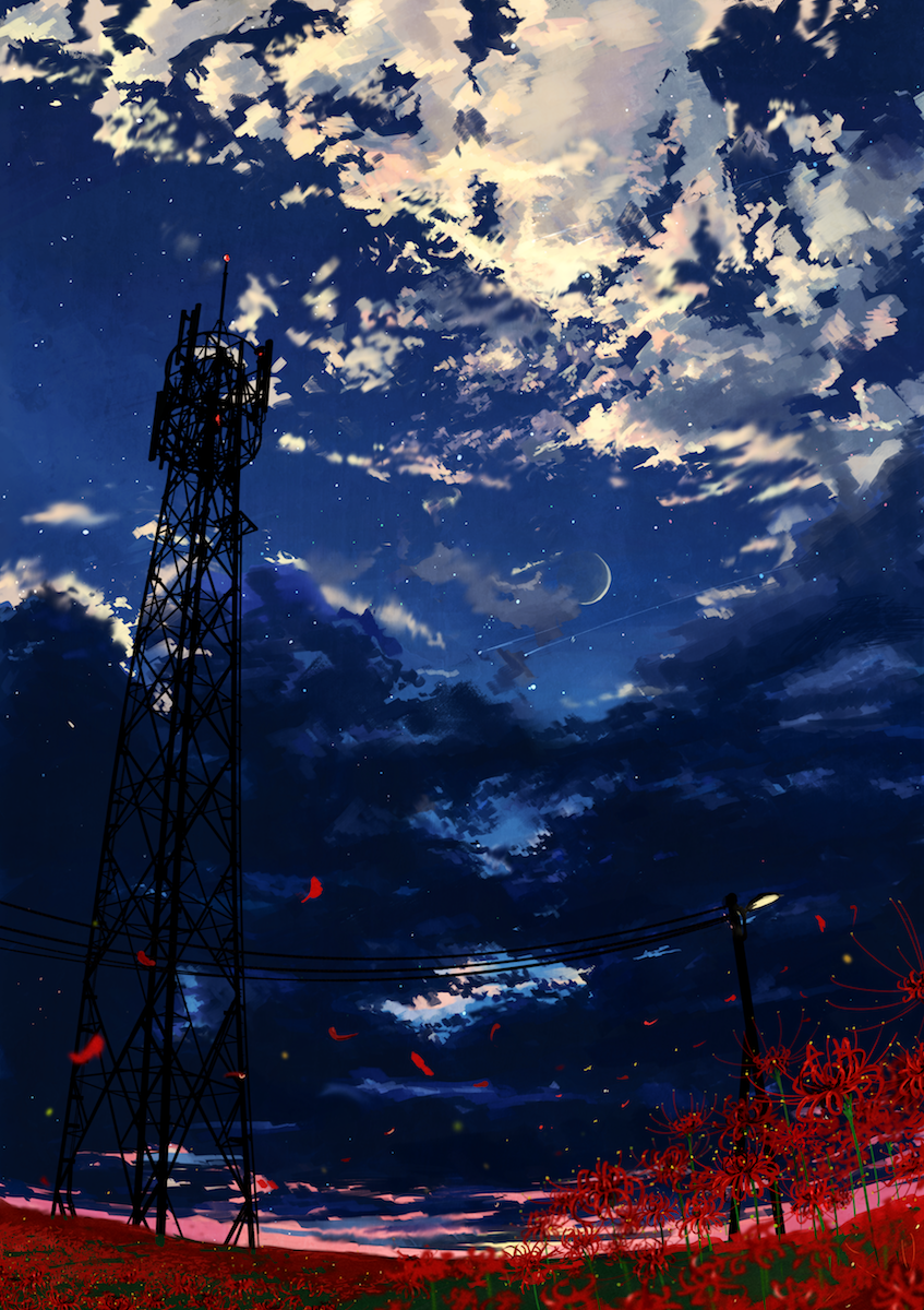 clouds commentary_request crescent_moon falling_petals field flower flower_field highres moon no_humans original orval petals power_lines radio_tower scenery sky spider_lily star_(sky) starry_sky utility_pole