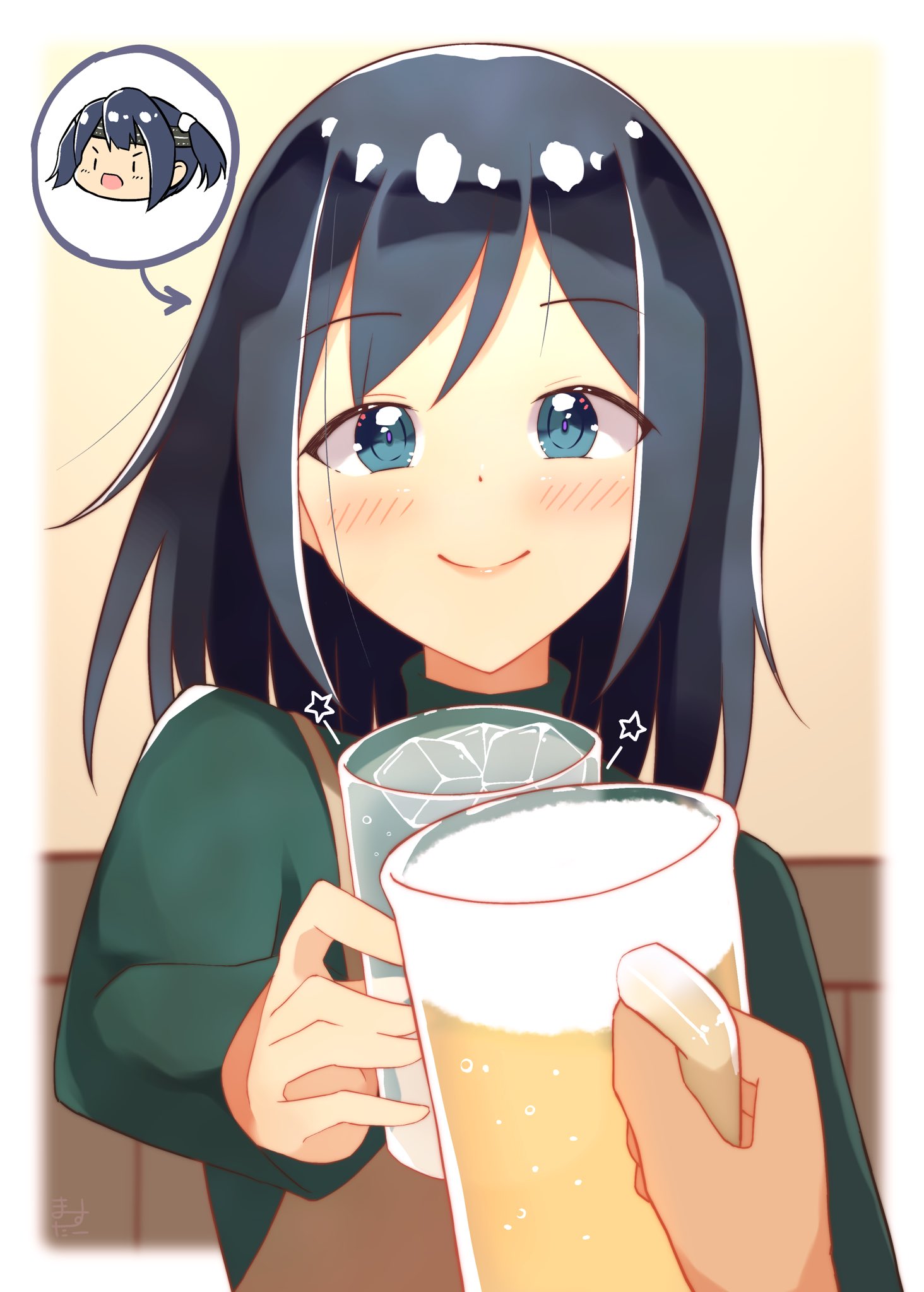 1girl 1other beer_mug black_hair blue_eyes brown_dress cup dress drinking_glass green_sweater hair_down highres kantai_collection master_(momitai7) medium_hair mug official_alternate_costume official_alternate_hairstyle pov smile souryuu_(kancolle) sweater toasting_(gesture) upper_body