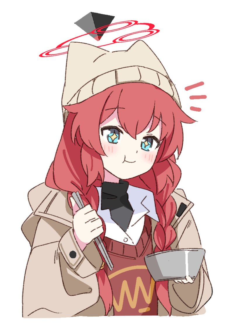 1girl blue_archive blue_eyes blush braid brown_vest chopsticks closed_mouth collared_shirt eating hair_between_eyes halo hat holding holding_chopsticks jacket long_hair long_sleeves maki_(blue_archive) maki_(camp)_(blue_archive) official_alternate_costume open_clothes open_jacket red_halo redhead shiromoca shirt simple_background smile solo twin_braids upper_body vest white_background white_shirt yellow_headwear yellow_jacket