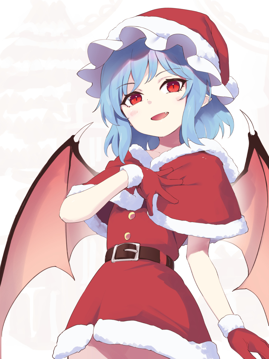 1girl asutora bat_wings belt black_belt blue_hair blush capelet cowboy_shot dress fang gloves hat highres open_mouth pointy_ears pom_pom_(clothes) red_capelet red_eyes red_headwear remilia_scarlet santa_costume santa_dress santa_gloves santa_hat short_hair smile solo touhou wings