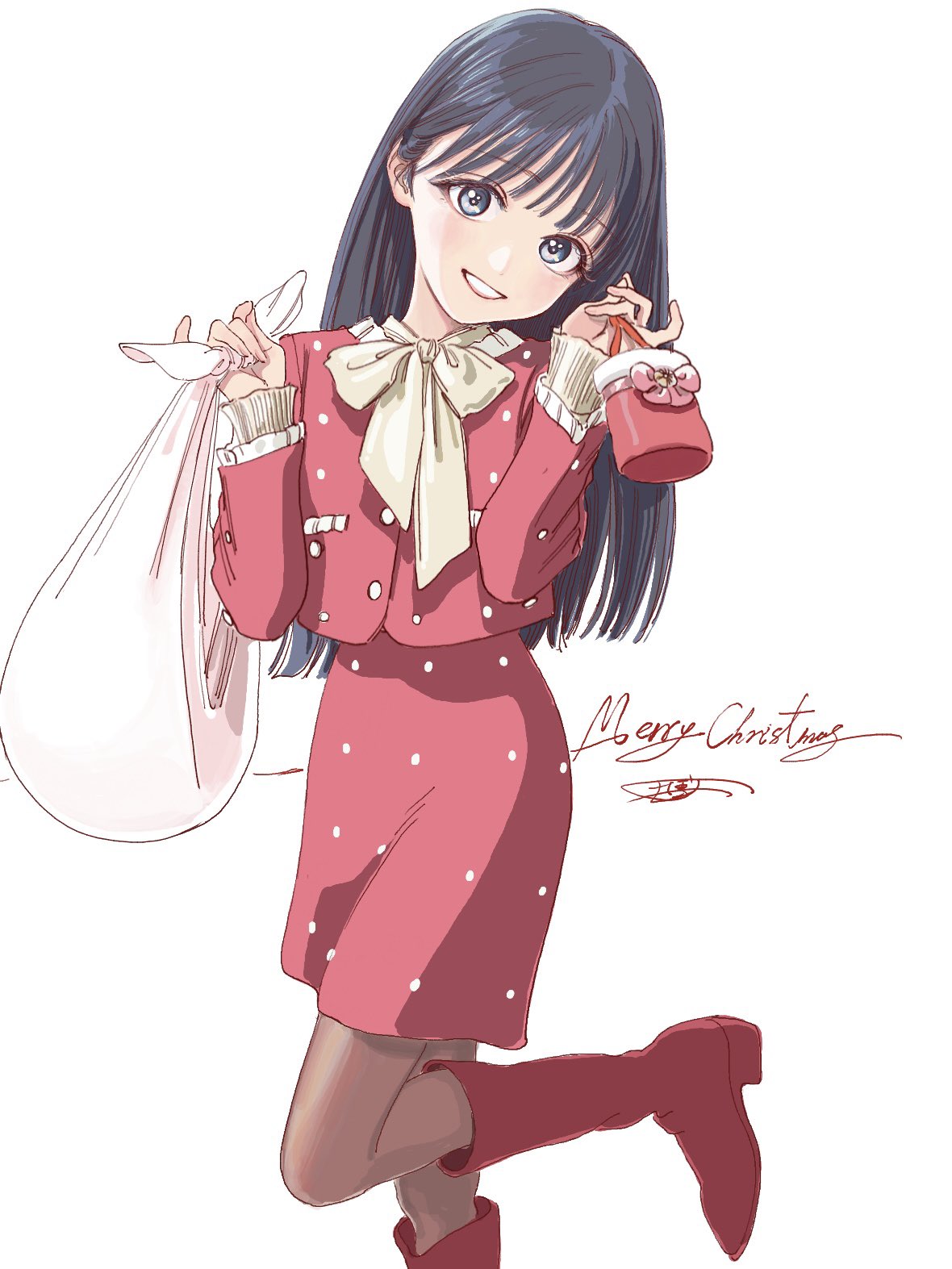 1girl bag black_hair black_pantyhose blue_eyes boots bow bowtie commentary_request highres hiro_(dismaless) long_hair long_sleeves looking_at_viewer merry_christmas open_mouth pantyhose red_footwear red_shirt red_skirt shirt signature simple_background skirt smile solo standing standing_on_one_leg white_background white_bow white_bowtie