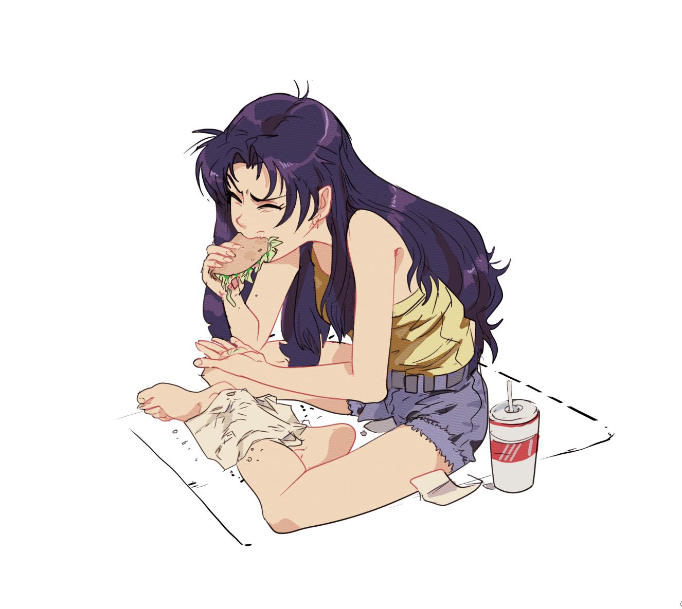 1girl bare_shoulders barefoot breasts closed_eyes commentary cup disposable_cup drinking_straw eating english_commentary fingernails food hands_up holding holding_food katsuragi_misato long_hair medium_breasts neon_genesis_evangelion phil_dragash purple_hair purple_shorts shorts sidelocks simple_background sitting solo taco tank_top toenails v-shaped_eyebrows white_background yellow_tank_top