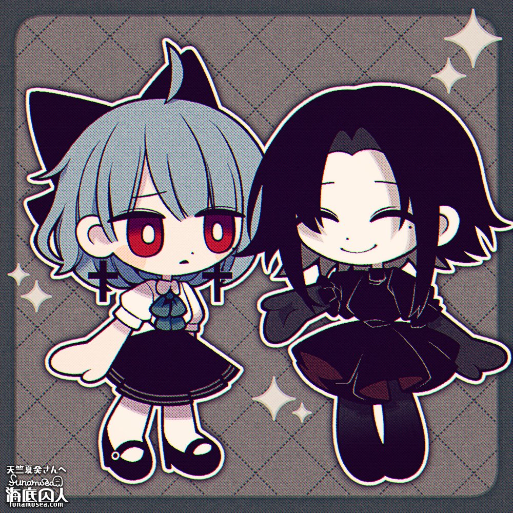 2girls artist_name black_bow black_dress black_footwear black_gloves black_skirt black_thighhighs blue_border blue_bow blue_hair border bow bright_pupils chibi closed_eyes collared_shirt colored_skin commission commissioner_name cross cross_earrings dress earrings funamusea_(artist) gloves grey_background hair_bow hair_intakes jewelry mole mole_under_eye multiple_girls open_mouth original patterned_background pleated_skirt red_eyes shirt short_hair skeb_commission skirt smile thigh-highs white_pupils white_shirt white_skin