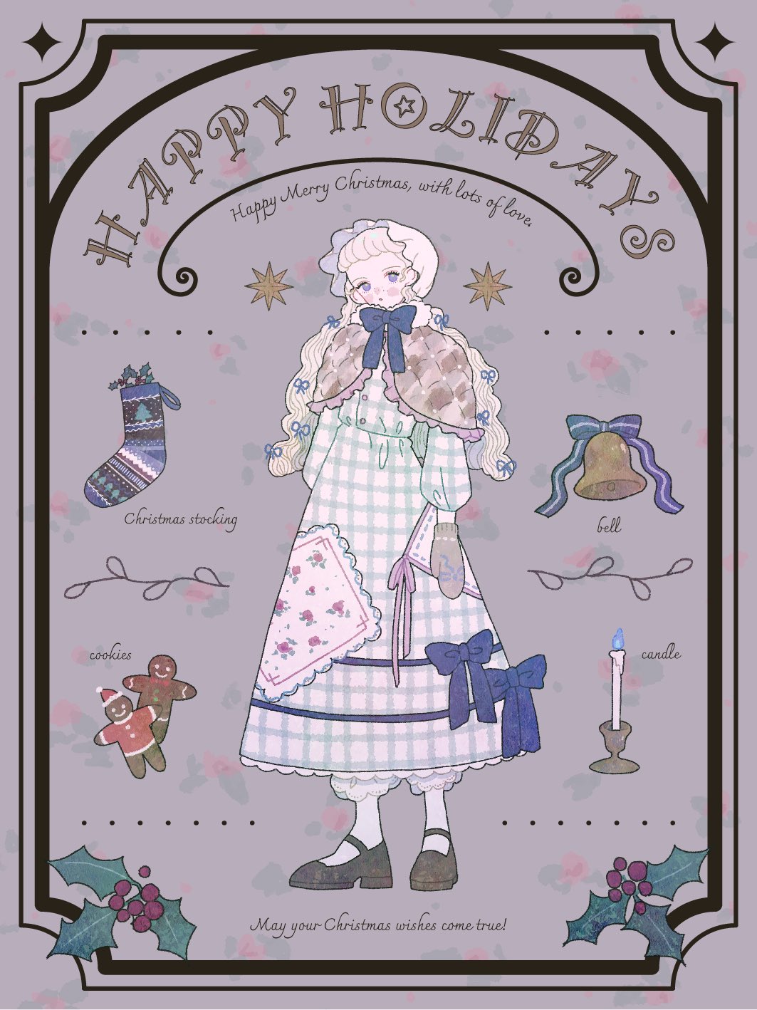 1girl bell blonde_hair blue_dress blue_ribbon brown_capelet candle capelet christmas christmas_stocking closed_mouth dress english_text full_body gingerbread_man grey_background highres holly long_sleeves looking_at_viewer merry_christmas mittens original patchwork_clothes plaid plaid_dress ribbon shoes solo standing tomoe_yumo violet_eyes