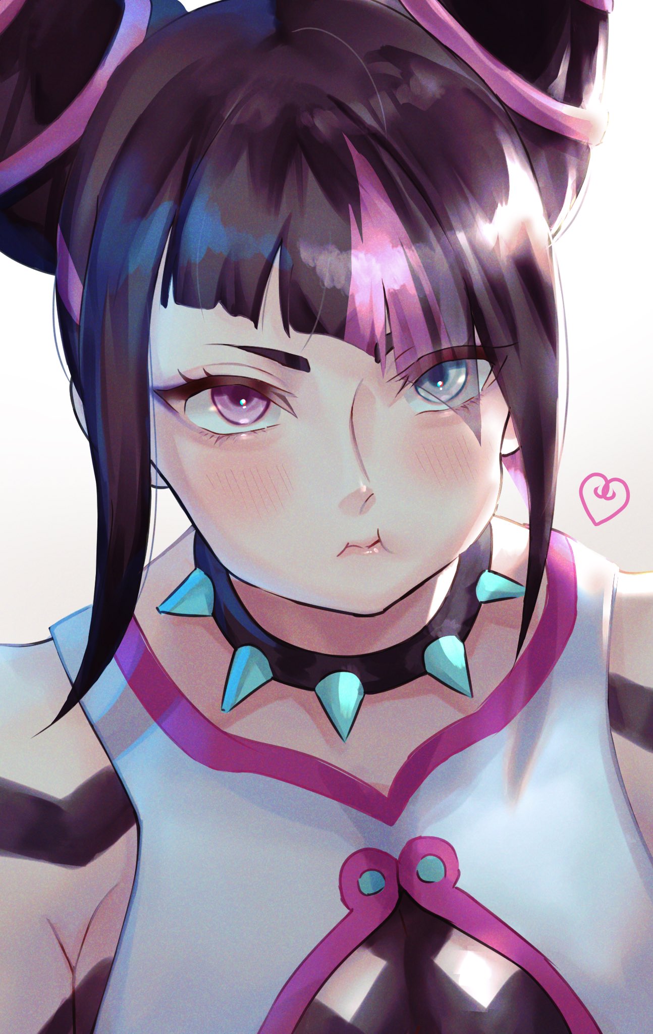 1girl black_hair blue_eyes blush collar commentary_request diagonal_bangs drill_hair eyelashes full_body hair_horns han_juri heart heterochromia highres looking_at_viewer medium_hair multicolored_hair o_tami_tami_x pink_eyes pink_hair pout solo spiked_collar spikes streaked_hair street_fighter street_fighter_6 twin_drills white_background