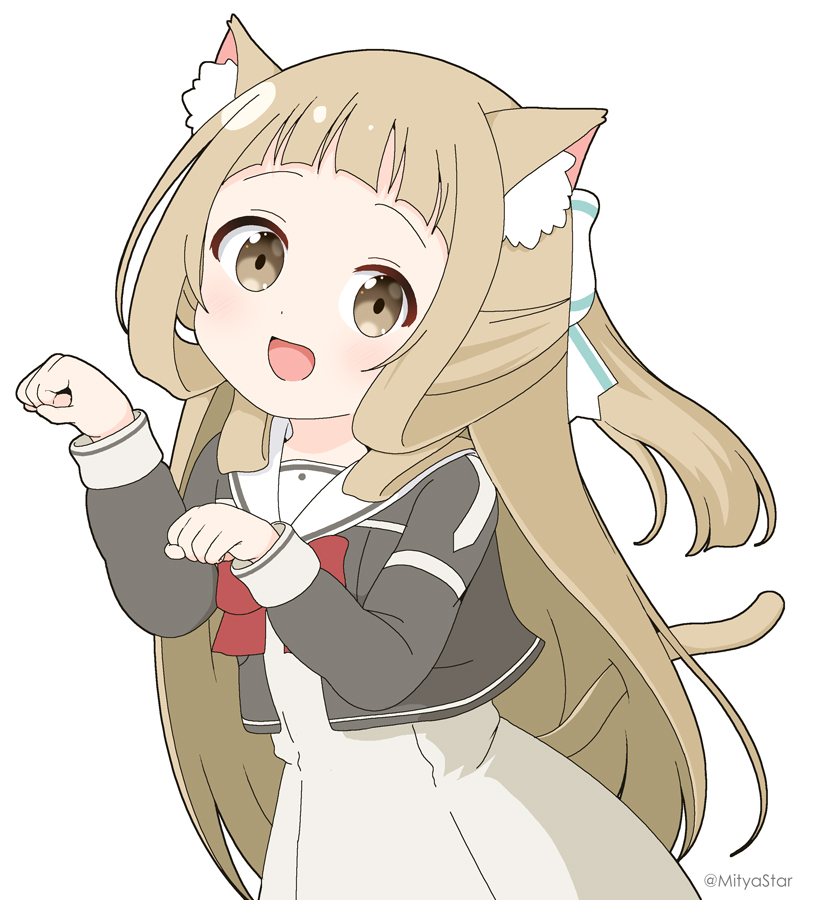 1girl :d animal_ears blush bow brown_eyes brown_hair cat_ears cat_girl cat_tail commentary_request dress grey_dress grey_jacket hair_bow hands_up jacket long_hair long_sleeves looking_at_viewer mitya nogi_sonoko open_clothes open_jacket paw_pose ponytail puffy_long_sleeves puffy_sleeves red_bow sailor_collar sailor_dress simple_background smile solo tail twitter_username very_long_hair washio_sumi_wa_yuusha_de_aru white_background white_bow white_sailor_collar yuusha_de_aru
