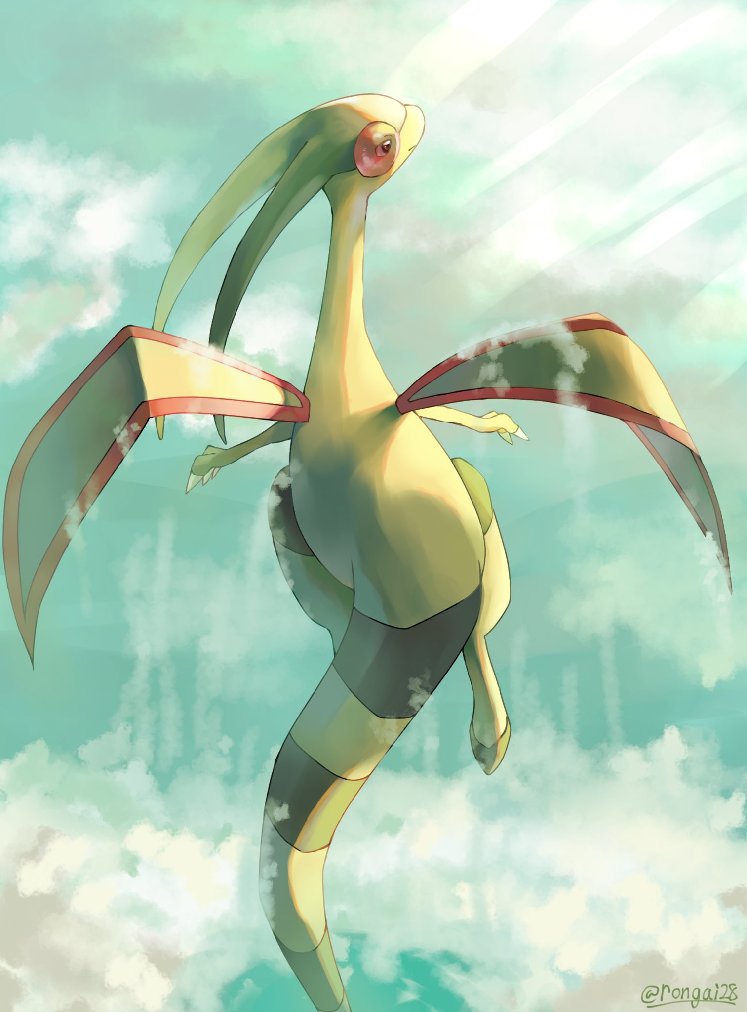 animal_focus artist_name blue_sky claws closed_mouth clouds colored_skin commentary_request flygon flying green_skin highres no_humans pokemon pokemon_(creature) rongai28 sky twitter_username wings