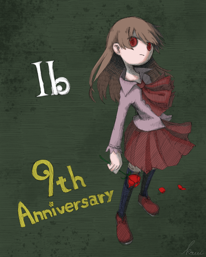 1girl anniversary artist_name ascot black_thighhighs brown_hair closed_mouth collared_shirt copyright_name flower green_background holding holding_flower ib ib_(ib) monomu_kouri official_art pleated_skirt red_ascot red_eyes red_flower red_footwear red_rose red_skirt rose shirt signature skirt solo thigh-highs white_shirt