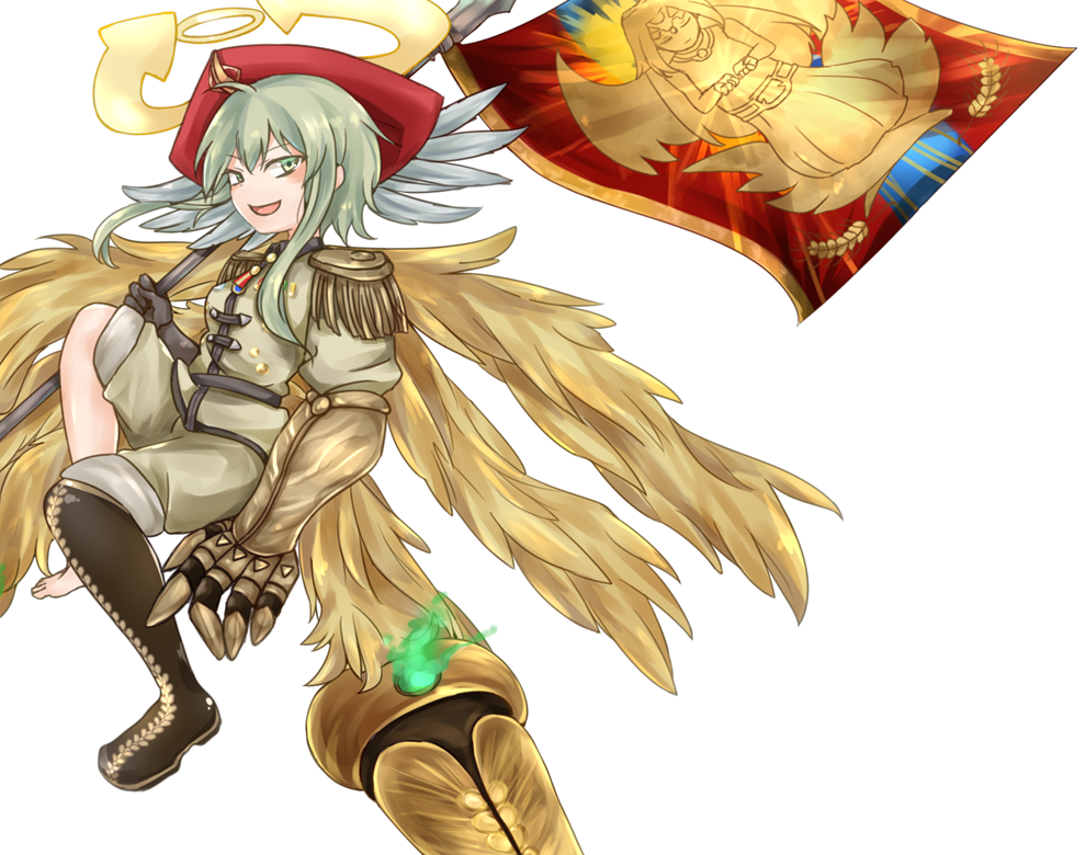 1girl ahoge angel angel_wings arrow_(symbol) barefoot black_gloves blonde_hair boots character_print commentary_request epaulettes feathered_wings flag full_body gauntlets gloves glowing green_eyes hair_between_eyes halo holding holding_flag holding_polearm holding_weapon ilias jacket knee_boots looking_at_viewer medal mon-musu_quest! mon-musu_quest:_paradox multiple_halos multiple_wings open_mouth over_shoulder pippi_(ku_ro_do_zorizo_to) polearm red_headwear shorts sidelocks simple_background single_barefoot single_gauntlet single_knee_boot sitting smile solo weapon white_background white_jacket white_shorts wings zion_(mon-musu_quest!)