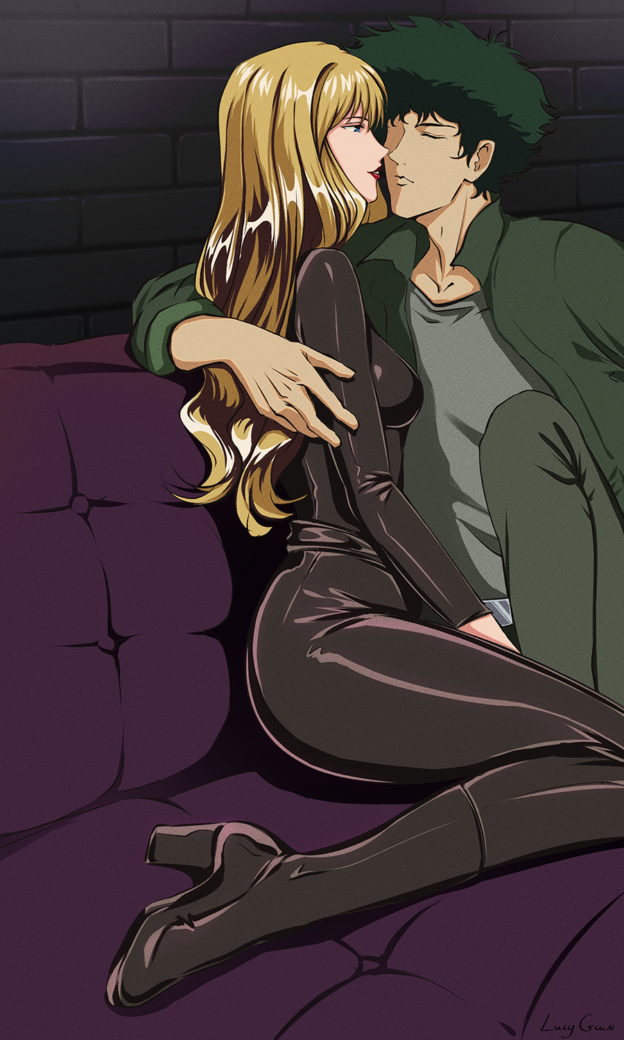 blonde_hair blue_eyes boots catsuit couple cowboy cowboy_bebop curly_hair green_hair highres julia_(cowboy_bebop) leather lucyguusi spike_spiegel spikes