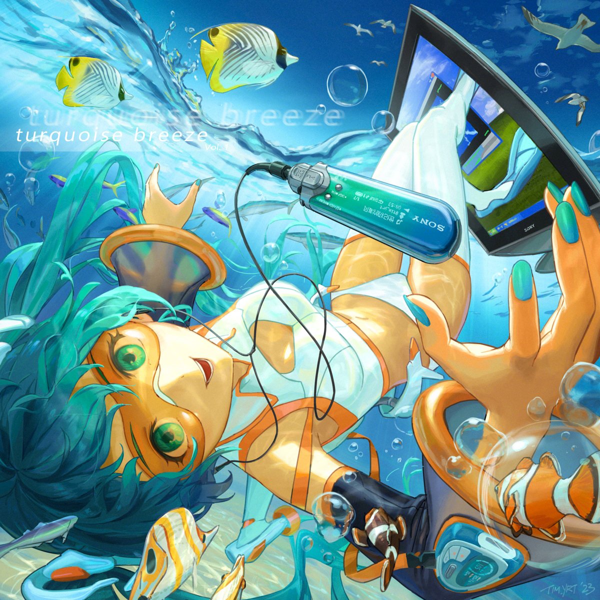 1girl air_bubble aqua_eyes aqua_hair aqua_nails bare_shoulders bird blue_sky breasts bubble clownfish computer detached_sleeves display diving fish freediving hatsune_miku highres landscape long_hair looking_at_viewer monitor navel ocean open_mouth outdoors scenery school_of_fish sea_sparkle seagull seascape sky smile solo submerged swimming swimsuit thigh-highs tim_yan tropical_fish twintails underwater very_long_hair vocaloid water waves
