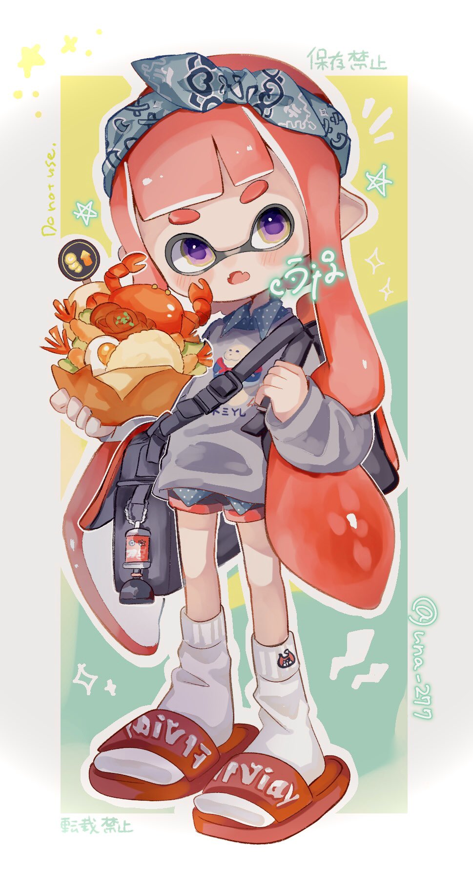 1girl bag black_bag blue_hairband border bread commentary_request crab egg fangs food full_body green_background grey_sweater hairband highres holding holding_food inkling inkling_girl long_hair multicolored_background open_mouth pointy_ears red_footwear redhead shorts shoulder_bag shrimp shrimp_tempura slippers socks solo splatoon_(series) splatoon_3 sweater tempura tentacle_hair two-tone_background una_ku_277 violet_eyes white_border white_socks yellow_background